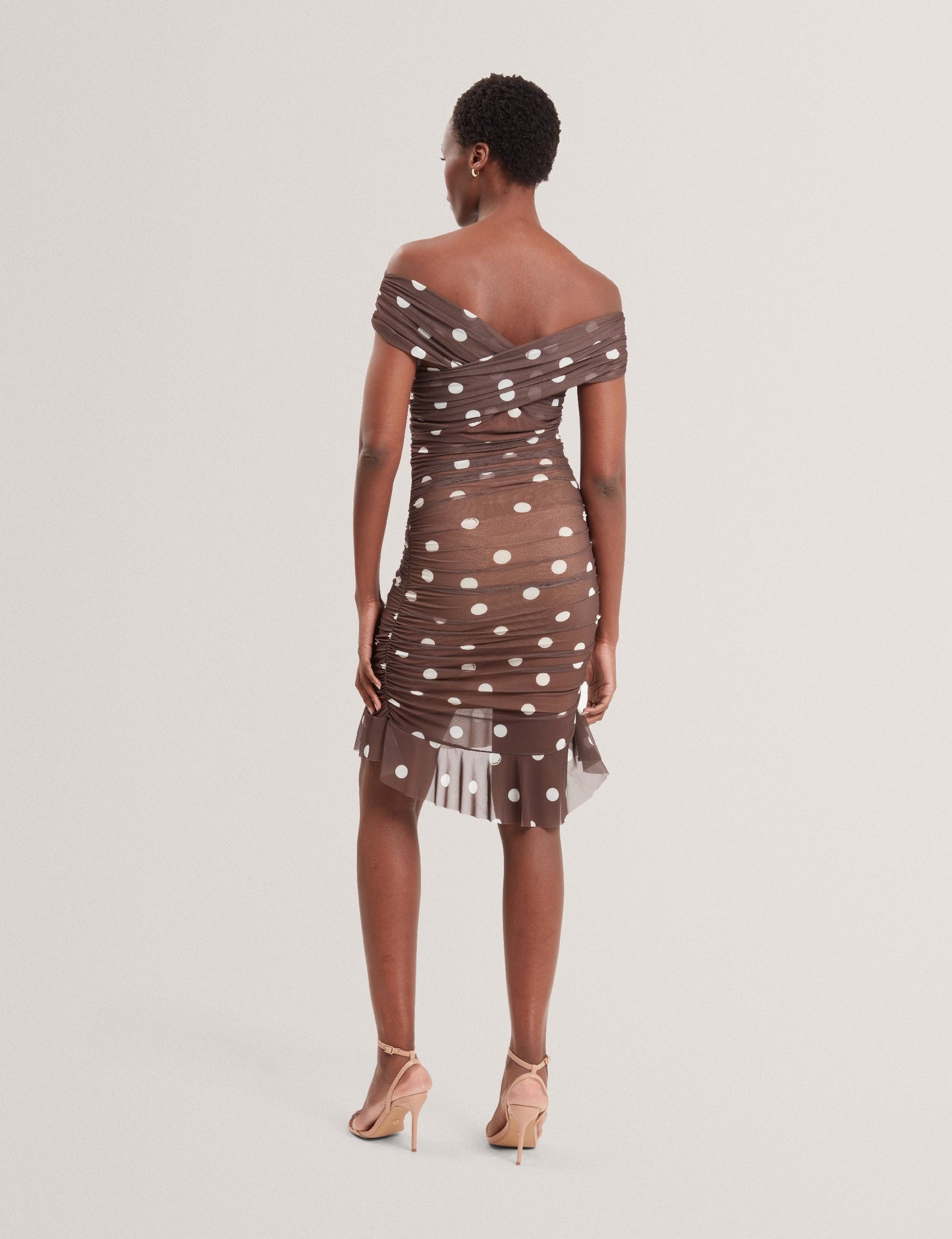 Ted Baker TILDAHH - Off-Shoulder Polka Dot Mesh Mini Dress DARK BROWN