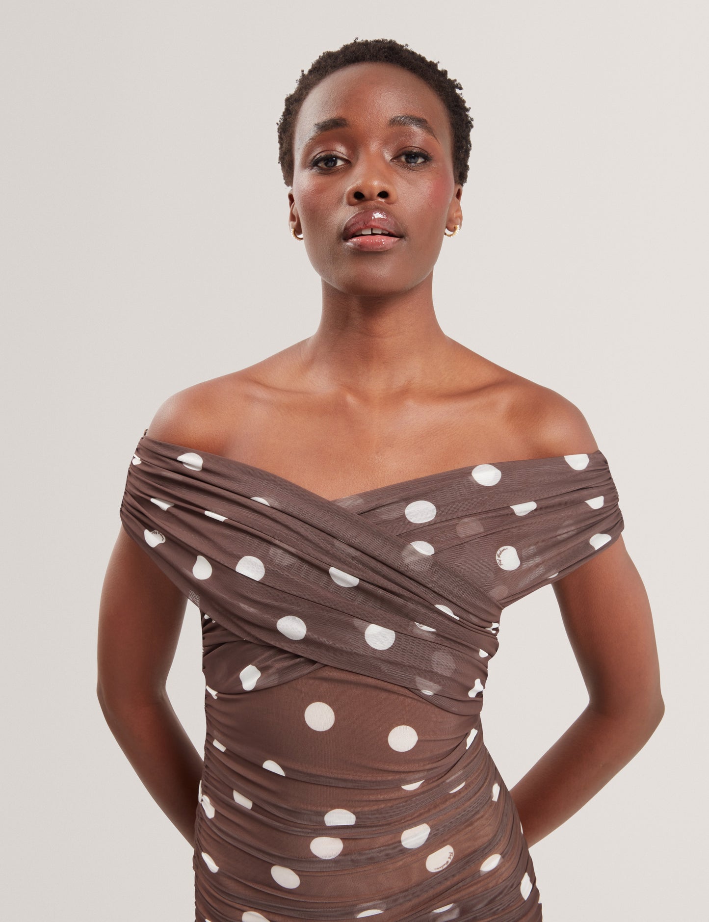Ted Baker TILDAHH - Off-Shoulder Polka Dot Mesh Mini Dress DARK BROWN