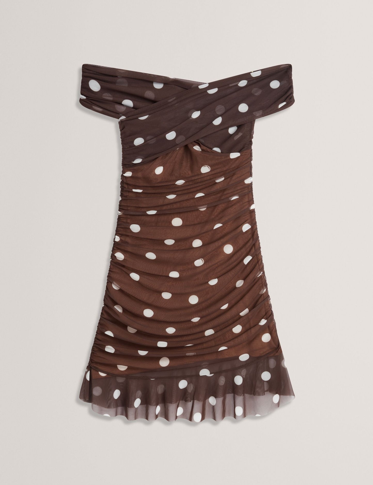 Ted Baker TILDAHH - Off-Shoulder Polka Dot Mesh Mini Dress DARK BROWN