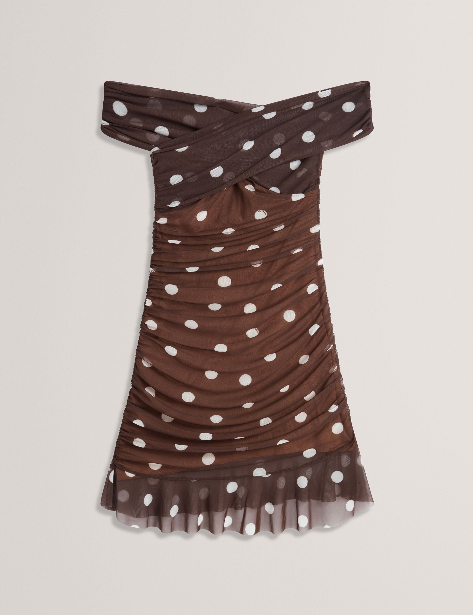 Ted Baker TILDAHH - Off-Shoulder Polka Dot Mesh Mini Dress DARK BROWN