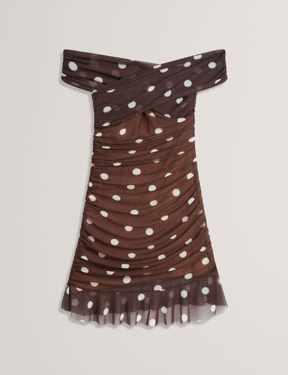 Ted Baker TILDAHH - Off-Shoulder Polka Dot Mesh Mini Dress DARK BROWN