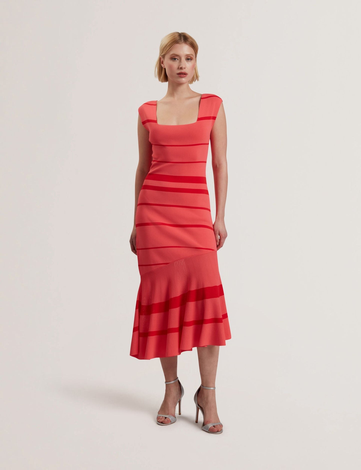 Ted Baker TILLEEA - Striped Square Neck Flippy Hem Midi Dress CORAL