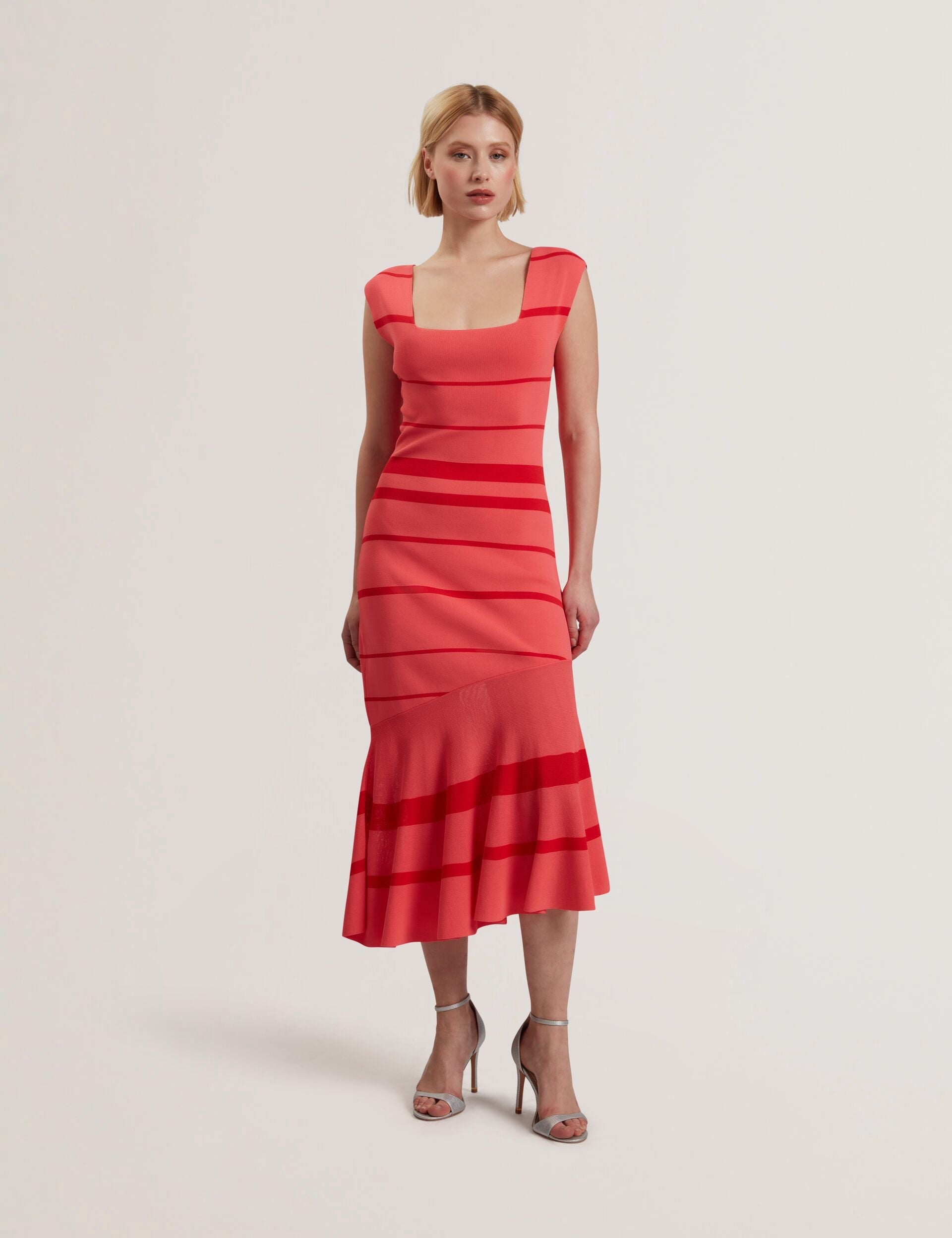 Ted Baker TILLEEA - Striped Square Neck Flippy Hem Midi Dress CORAL
