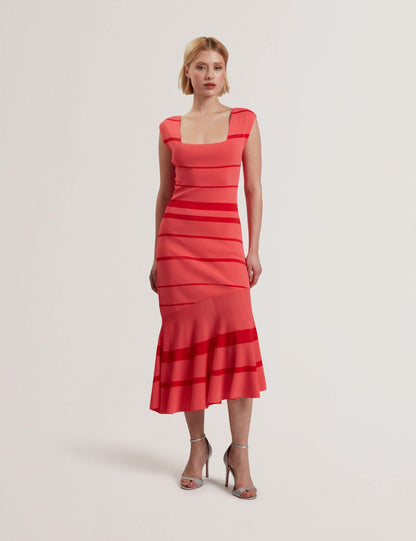 Ted Baker TILLEEA - Striped Square Neck Flippy Hem Midi Dress CORAL