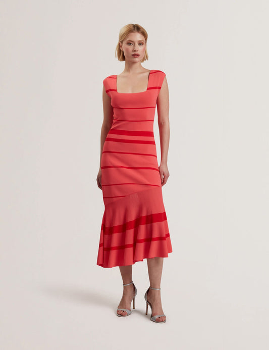 Ted Baker TILLEEA - Striped Square Neck Flippy Hem Midi Dress CORAL