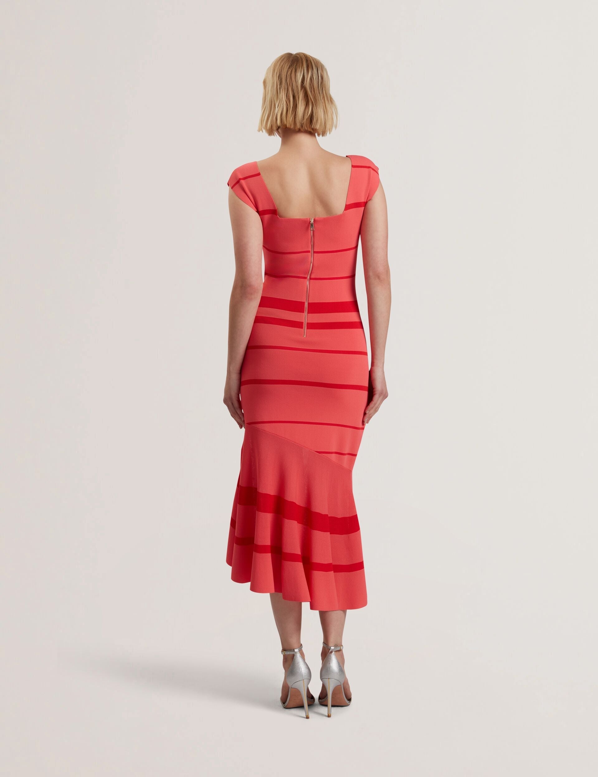 Ted Baker TILLEEA - Striped Square Neck Flippy Hem Midi Dress CORAL