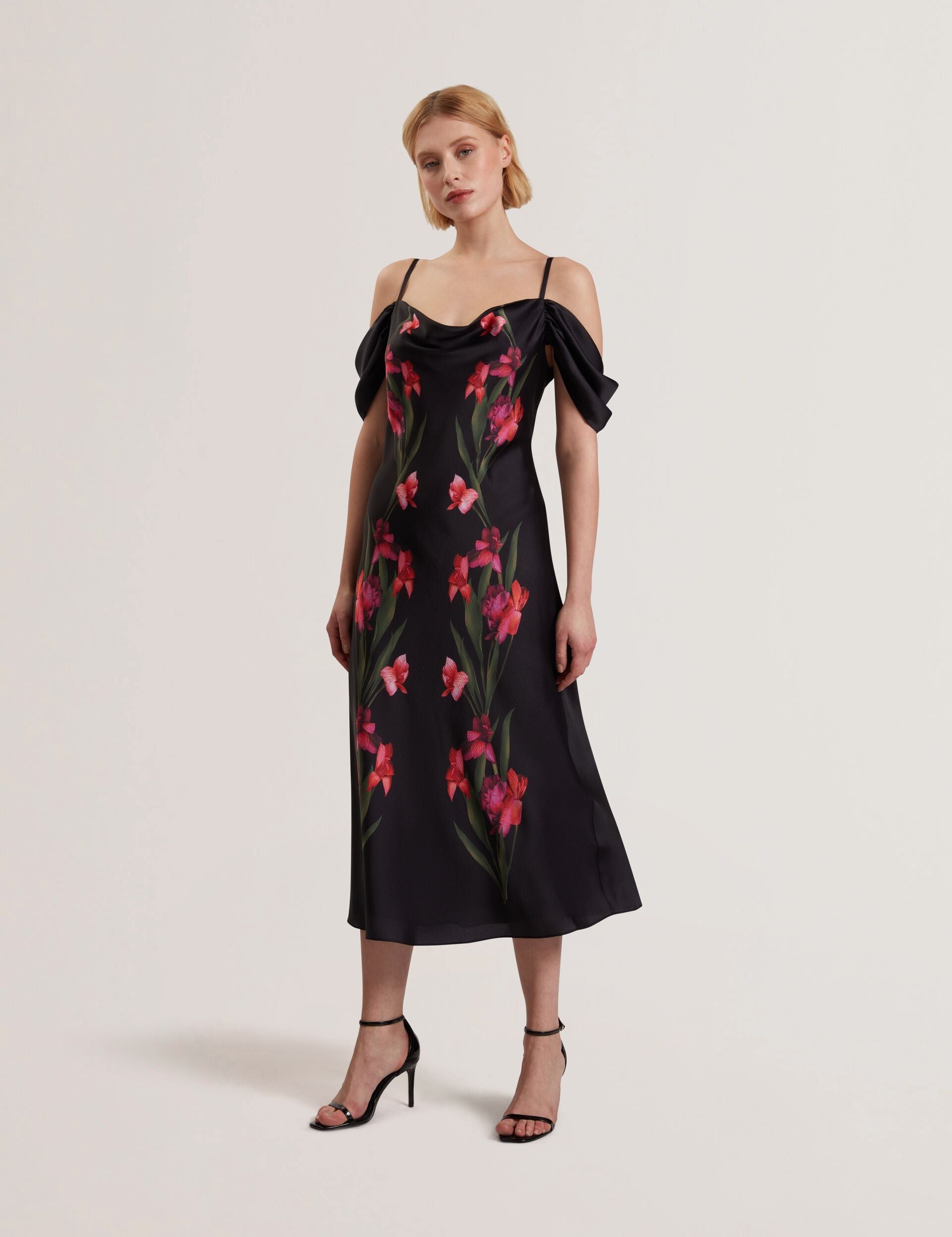 Ted Baker LUCERN - Floral Satin Off Shoulder Bias Midi Dress BLACK