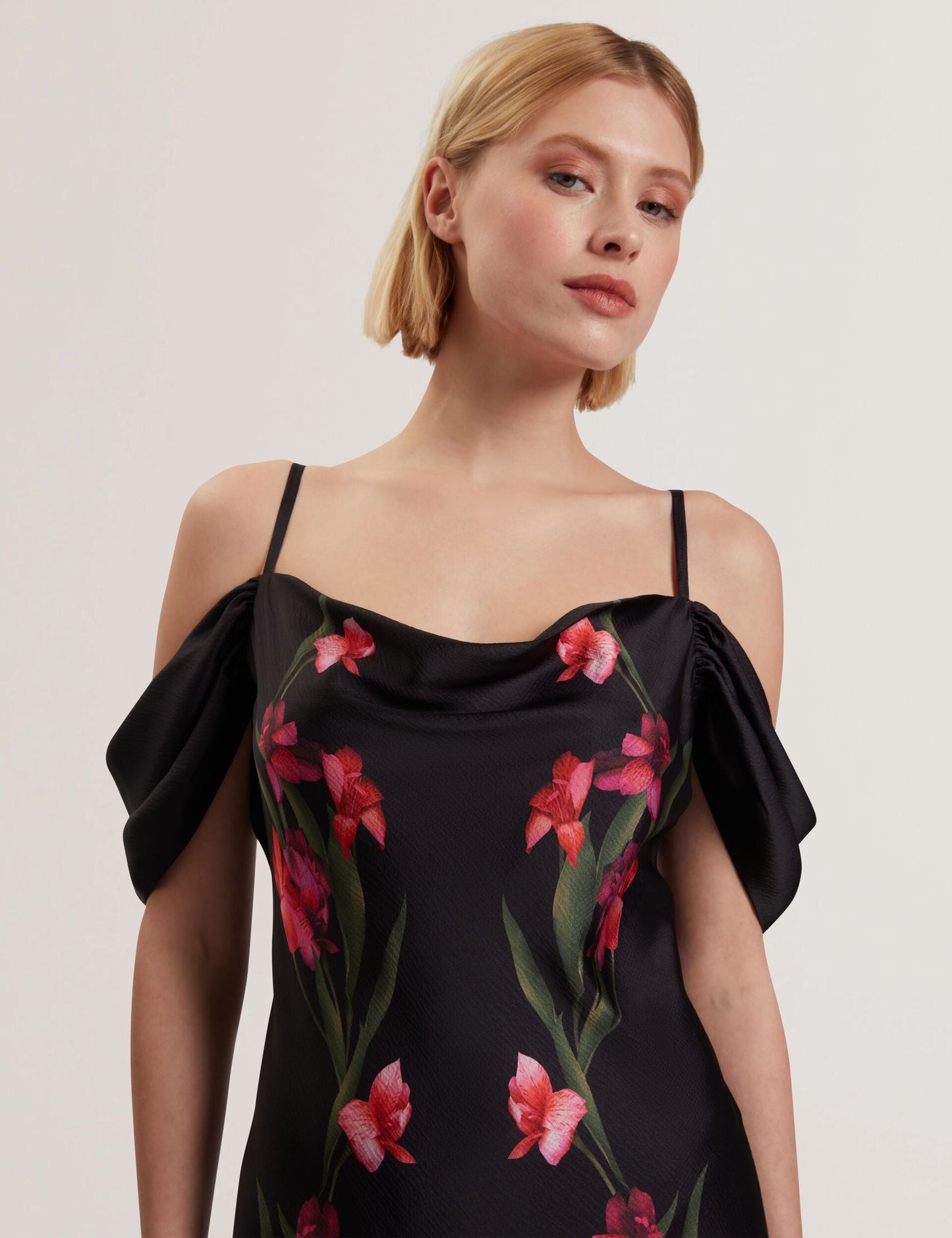 Ted Baker LUCERN - Floral Satin Off Shoulder Bias Midi Dress BLACK