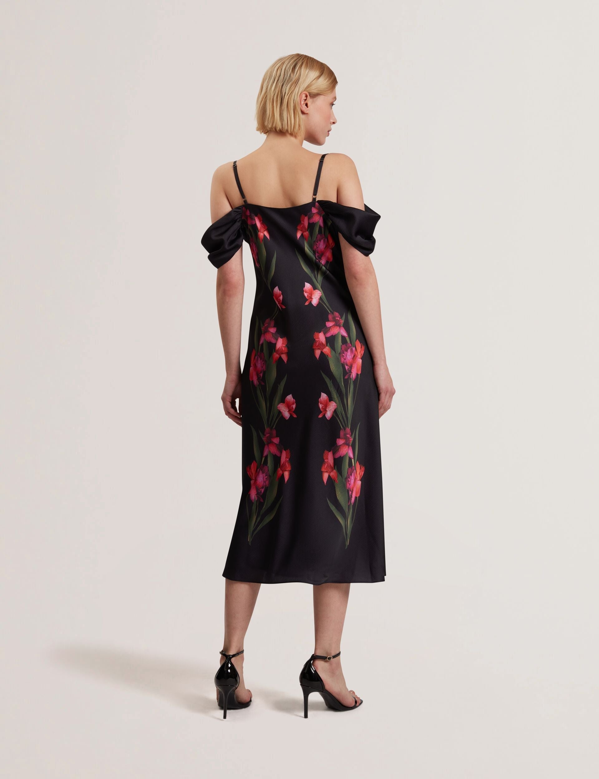 Ted Baker LUCERN - Floral Satin Off Shoulder Bias Midi Dress BLACK