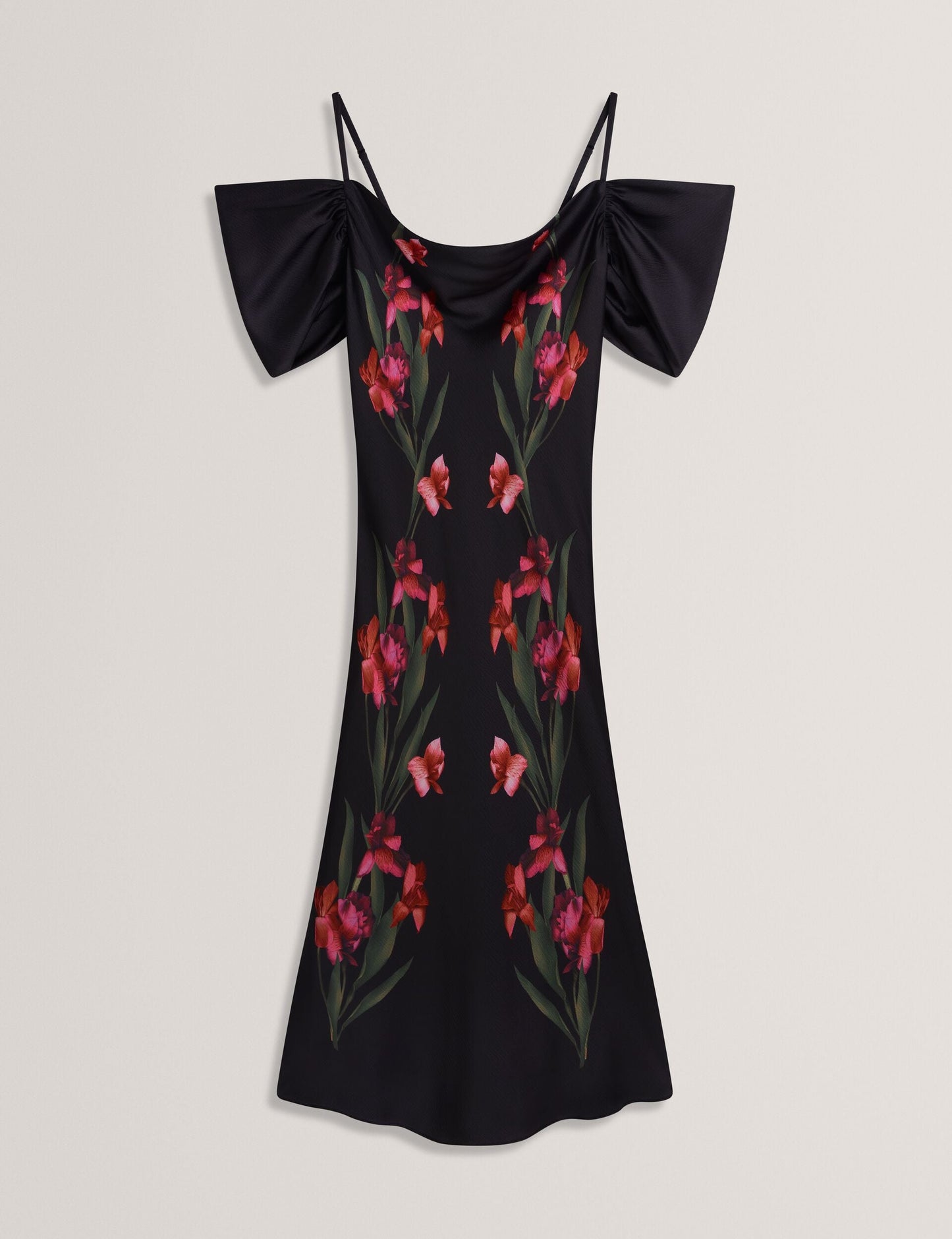 Ted Baker LUCERN - Floral Satin Off Shoulder Bias Midi Dress BLACK