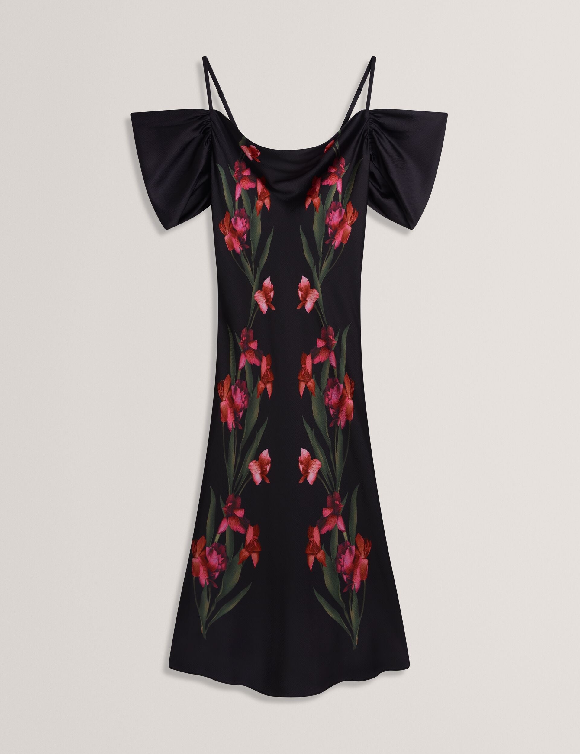 Ted Baker LUCERN - Floral Satin Off Shoulder Bias Midi Dress BLACK