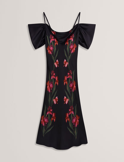 Ted Baker LUCERN - Floral Satin Off Shoulder Bias Midi Dress BLACK