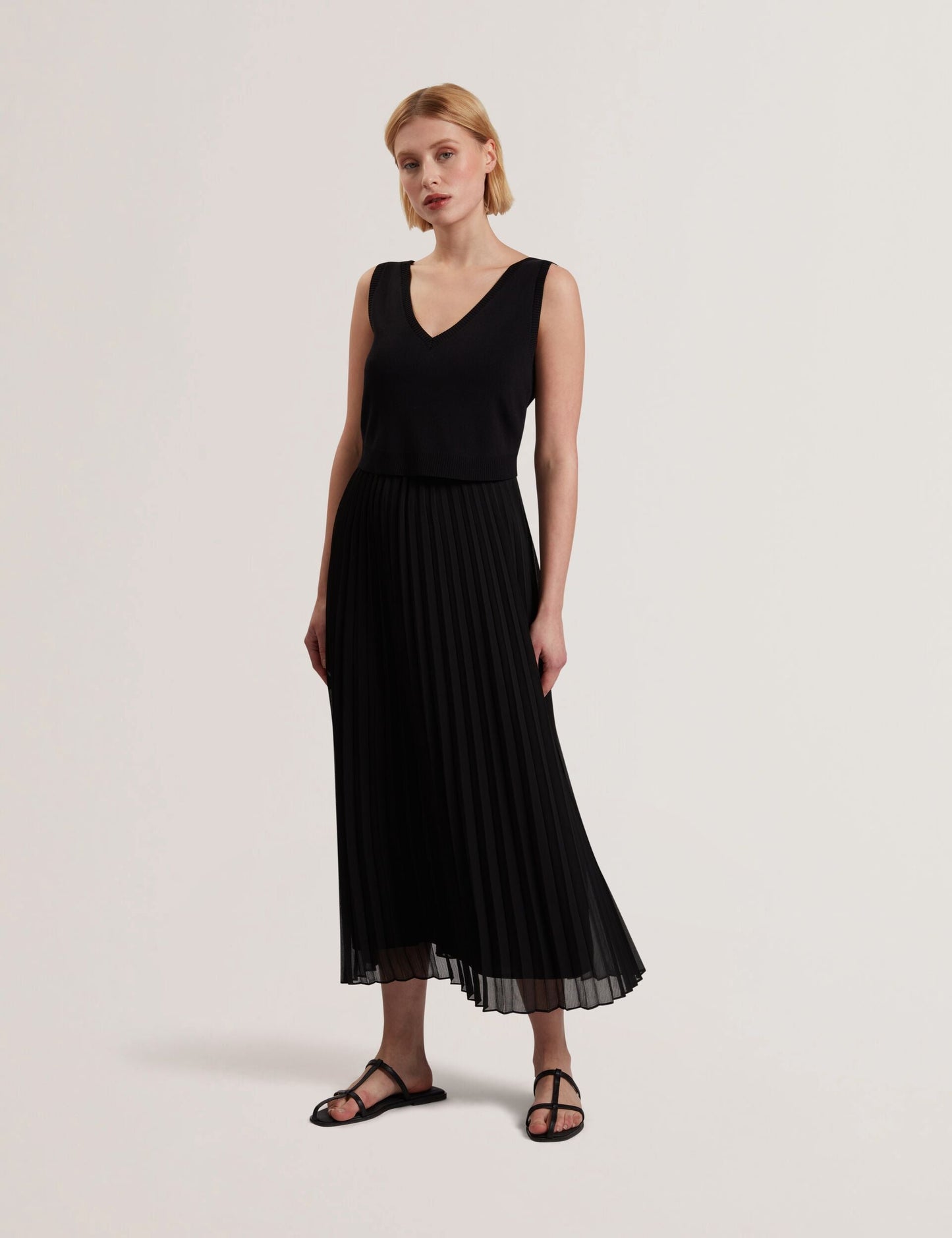 Ted Baker LARNAHH - Pleated Midi Dress With Removable Knit Tank BLACK