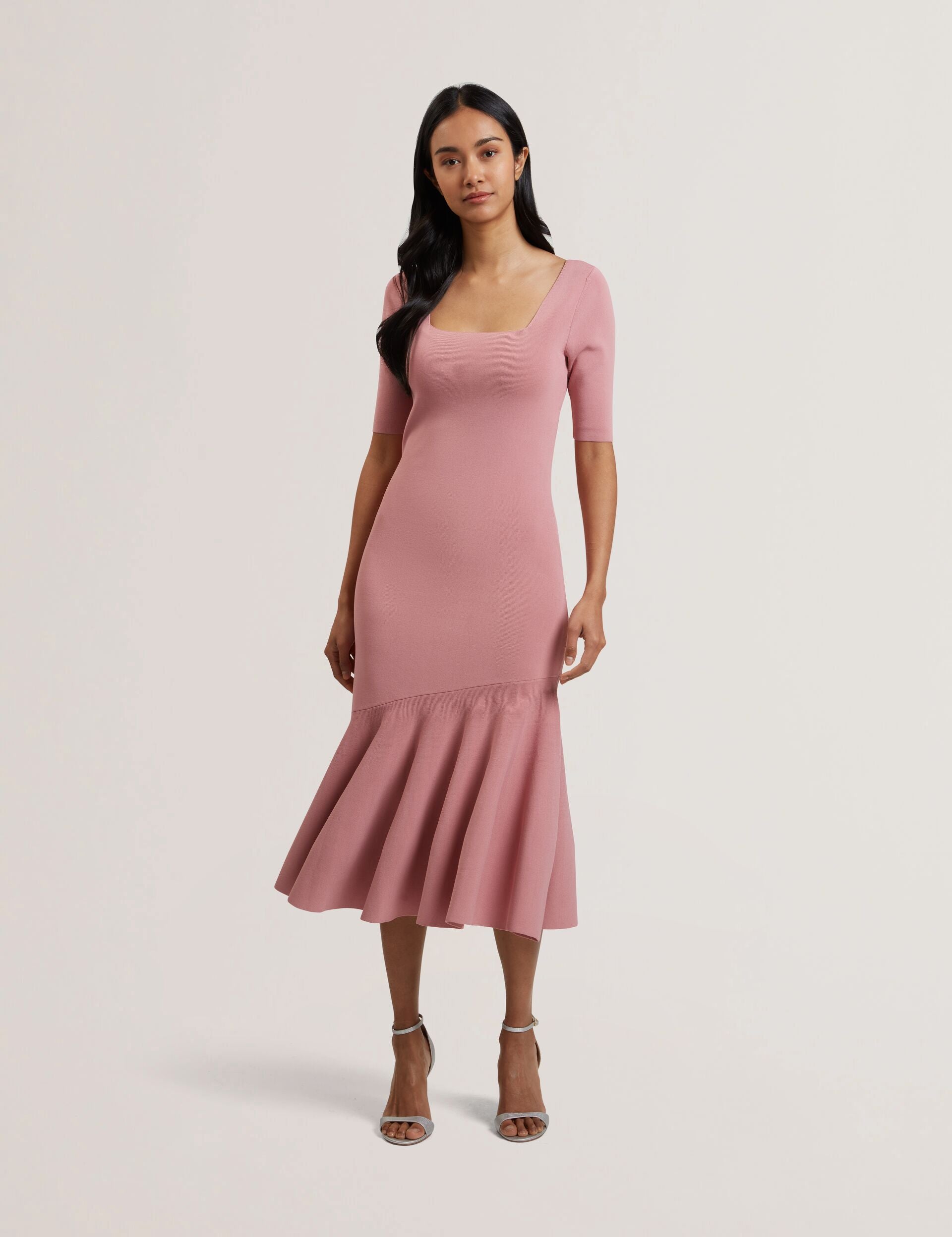Ted Baker MIYHAA - Flippy Hem Square Neck Knitted Midi Dress MID PINK