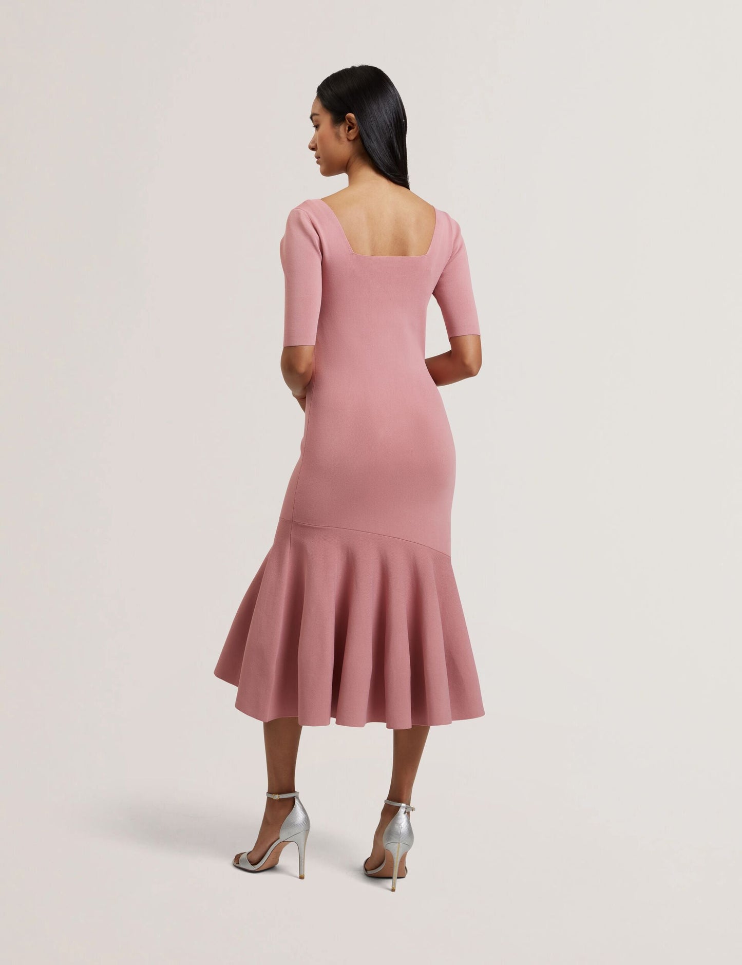 Ted Baker MIYHAA - Flippy Hem Square Neck Knitted Midi Dress MID PINK