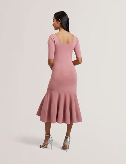 Ted Baker MIYHAA - Flippy Hem Square Neck Knitted Midi Dress MID PINK