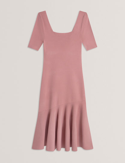Ted Baker MIYHAA - Flippy Hem Square Neck Knitted Midi Dress MID PINK