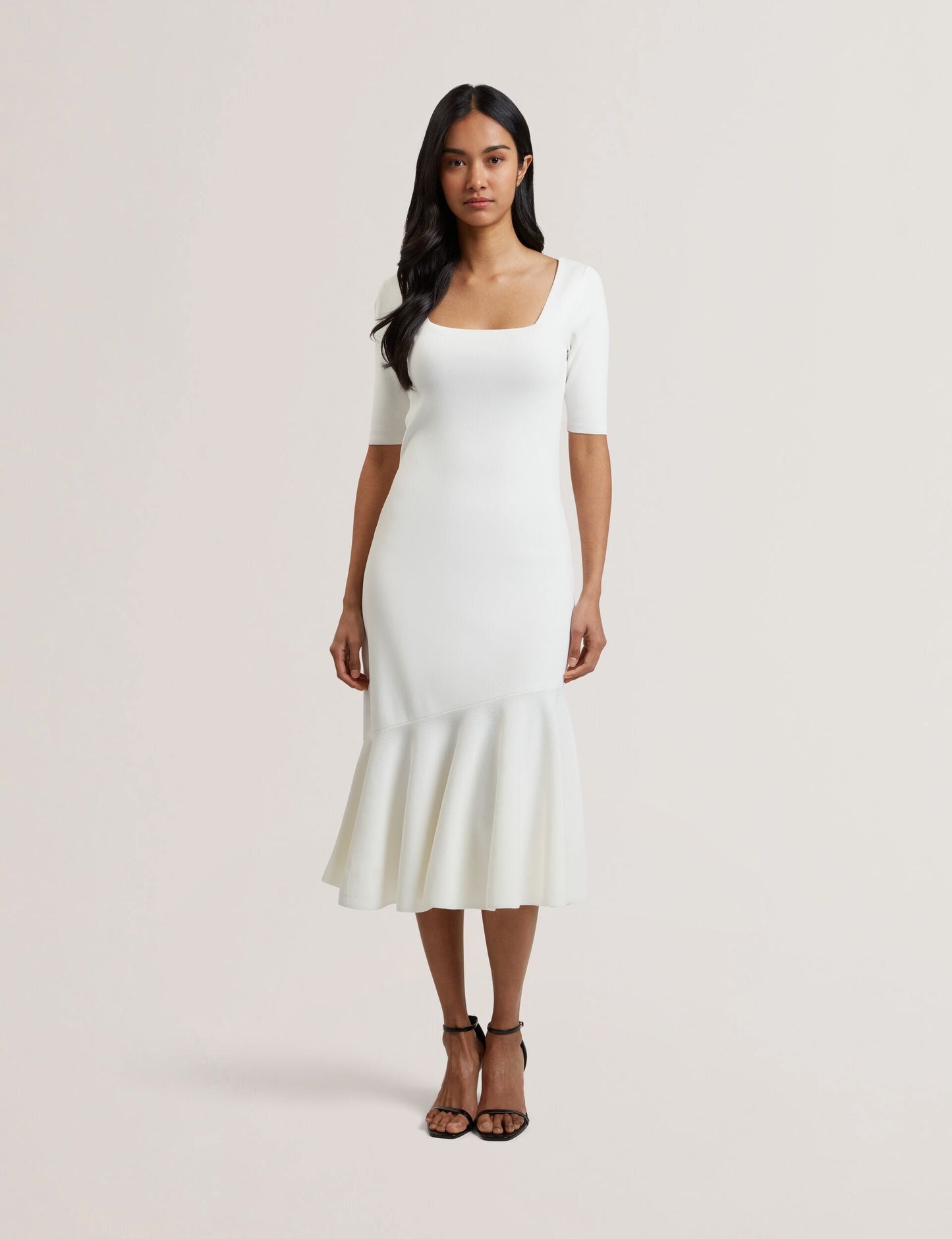 Ted Baker MIYHAA - Flippy Hem Square Neck Knitted Midi Dress IVORY
