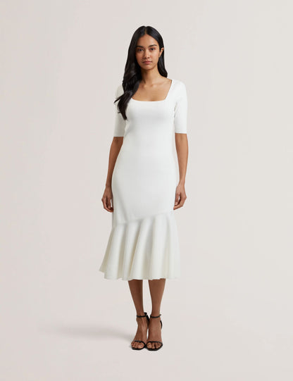 Ted Baker MIYHAA - Flippy Hem Square Neck Knitted Midi Dress IVORY