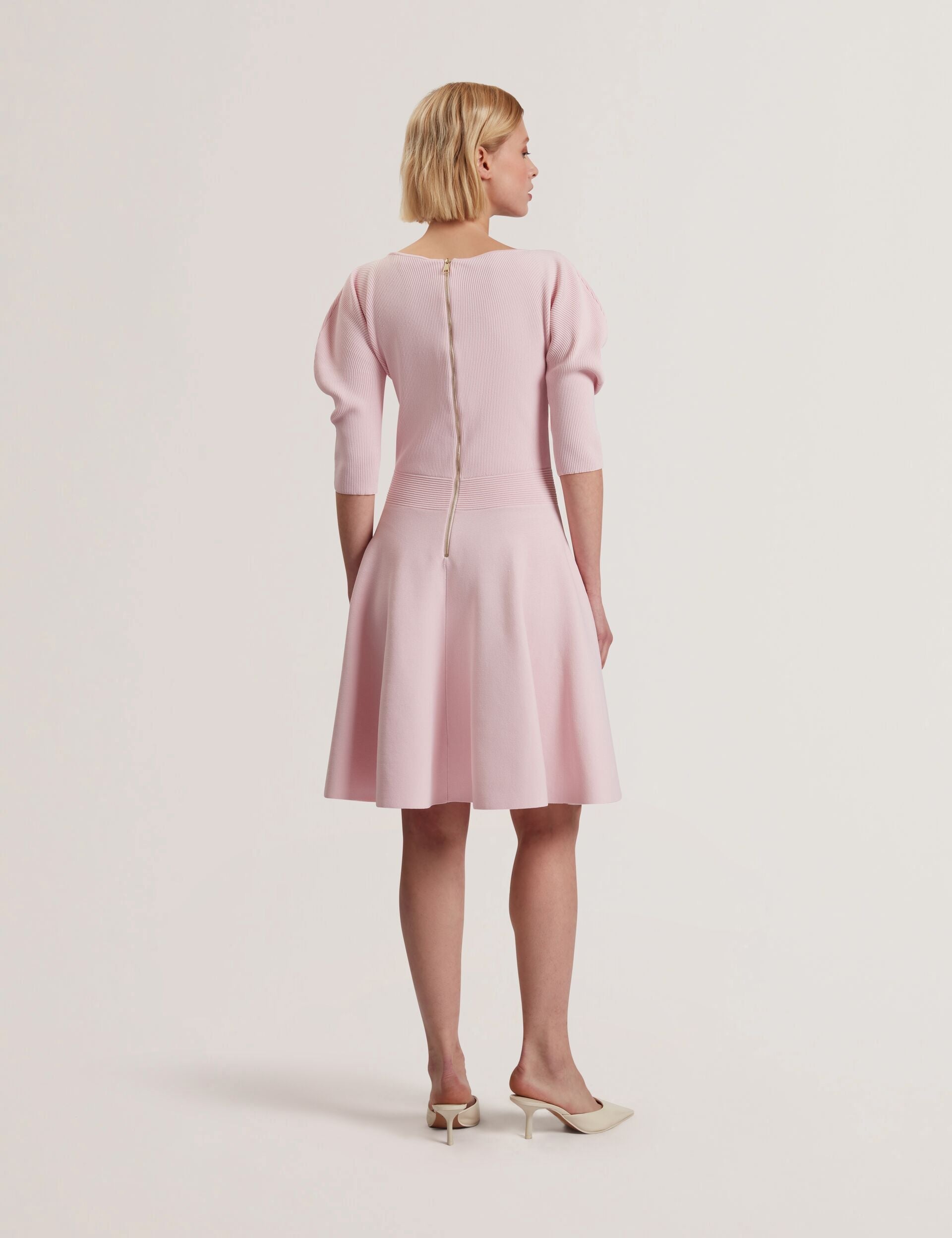 Ted Baker JESCKA - Structured Puff Sleeve Knitted Skater Dress LIGHT PINK