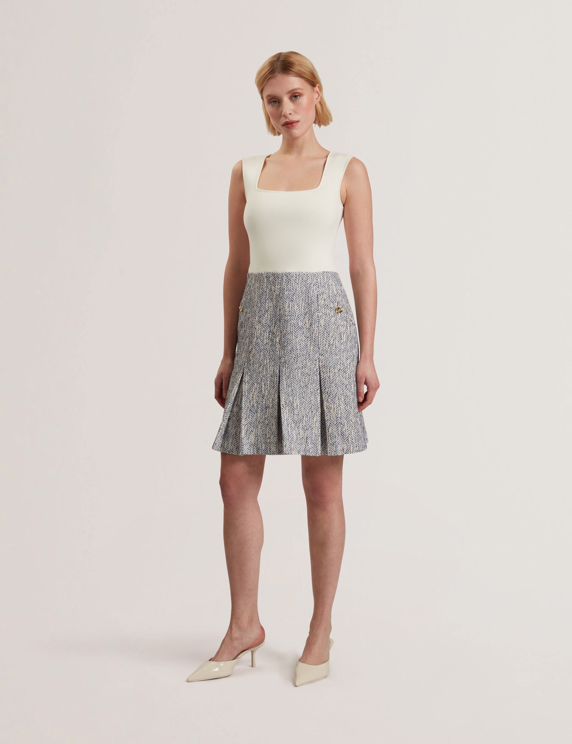 Ted Baker VULPAM - Sleeveless Knit Bodice Boucle Mini Dress LIGHT BLUE