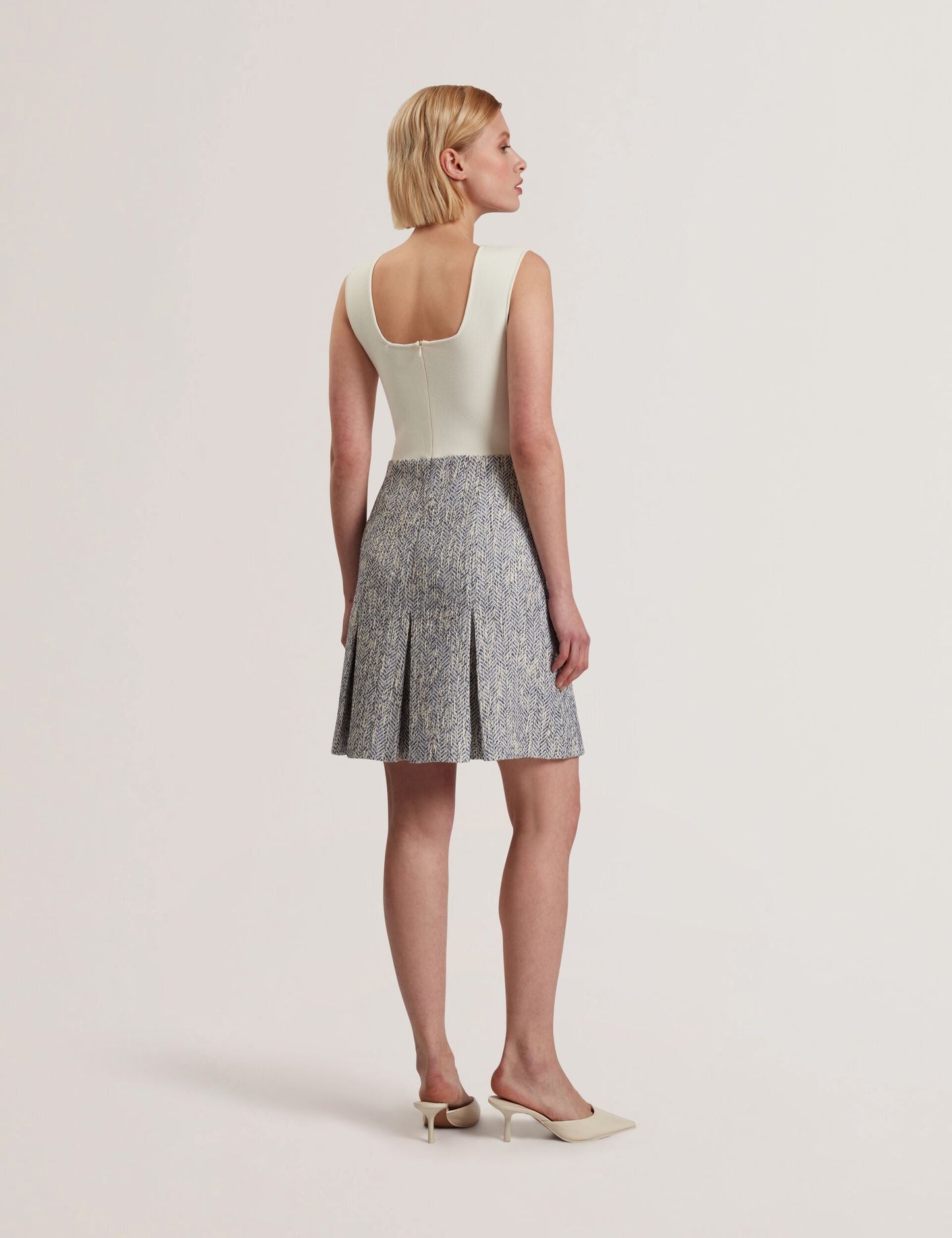 Ted Baker VULPAM - Sleeveless Knit Bodice Boucle Mini Dress LIGHT BLUE