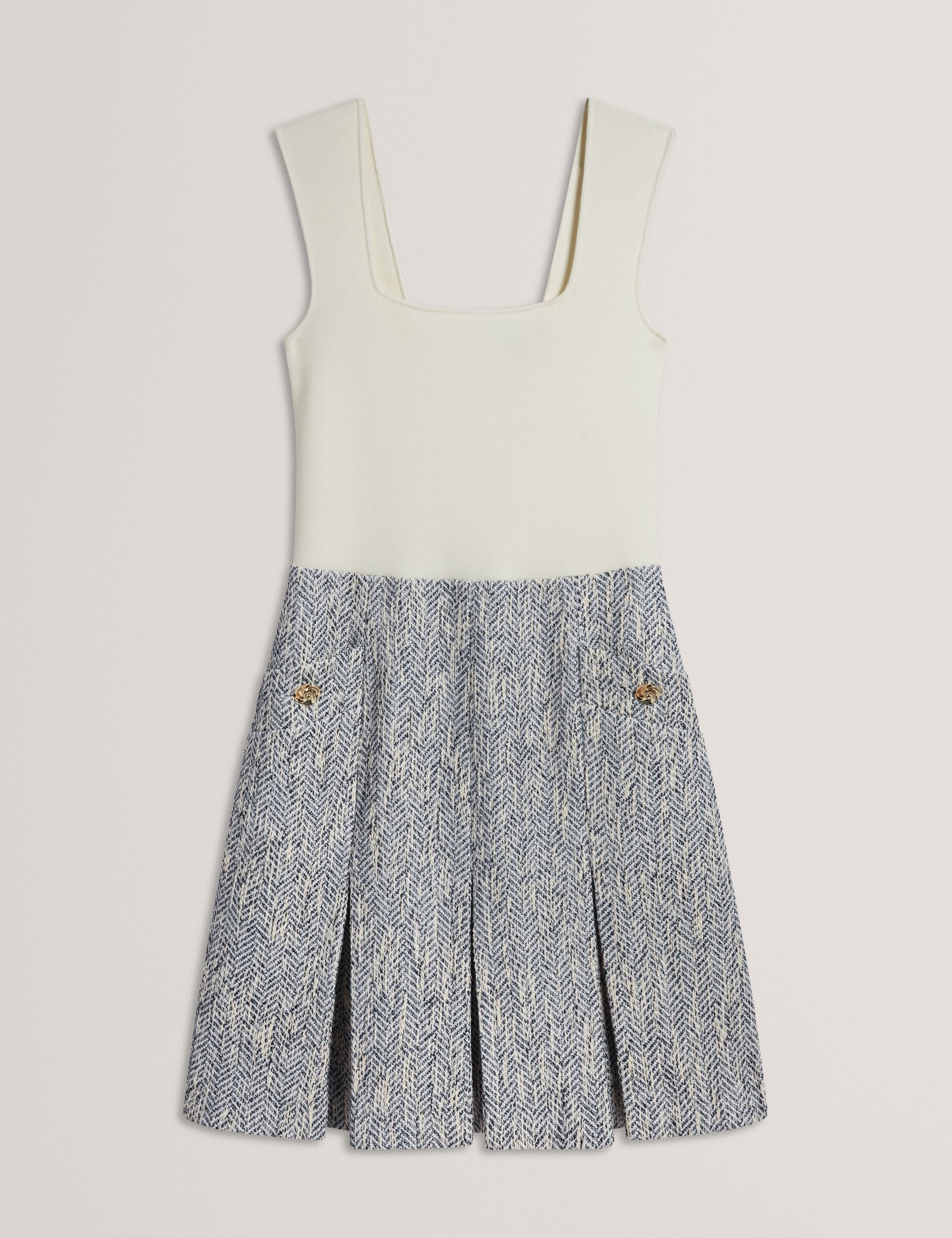 Ted Baker VULPAM - Sleeveless Knit Bodice Boucle Mini Dress LIGHT BLUE