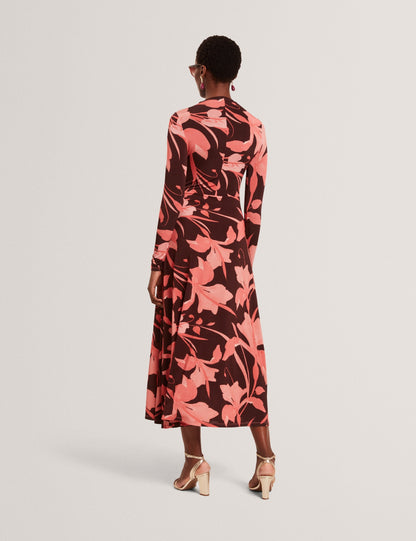 Ted Baker STARLAH - Slinky Printed Jersey Long Sleeve Midi Dress DARK BROWN