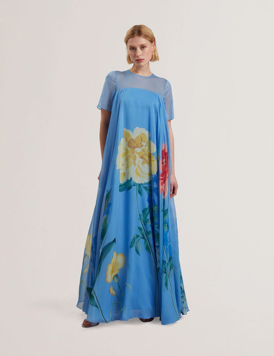 Ted Baker MALRIE - Sheer Neck Floral Trapeze Maxi Dress MID BLUE