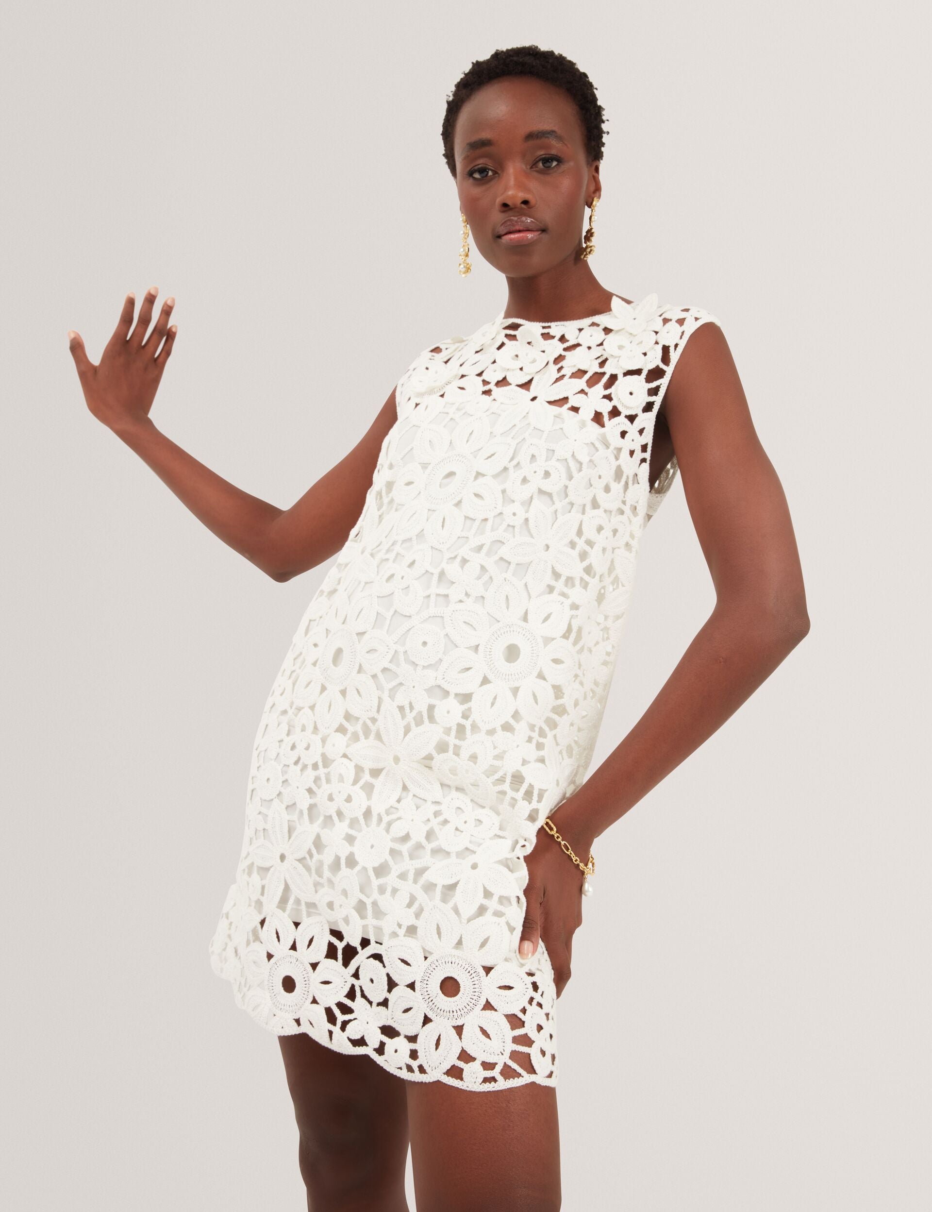 Ted Baker MIIKKA - Crochet Sleeveless Mini Shift Dress WHITE