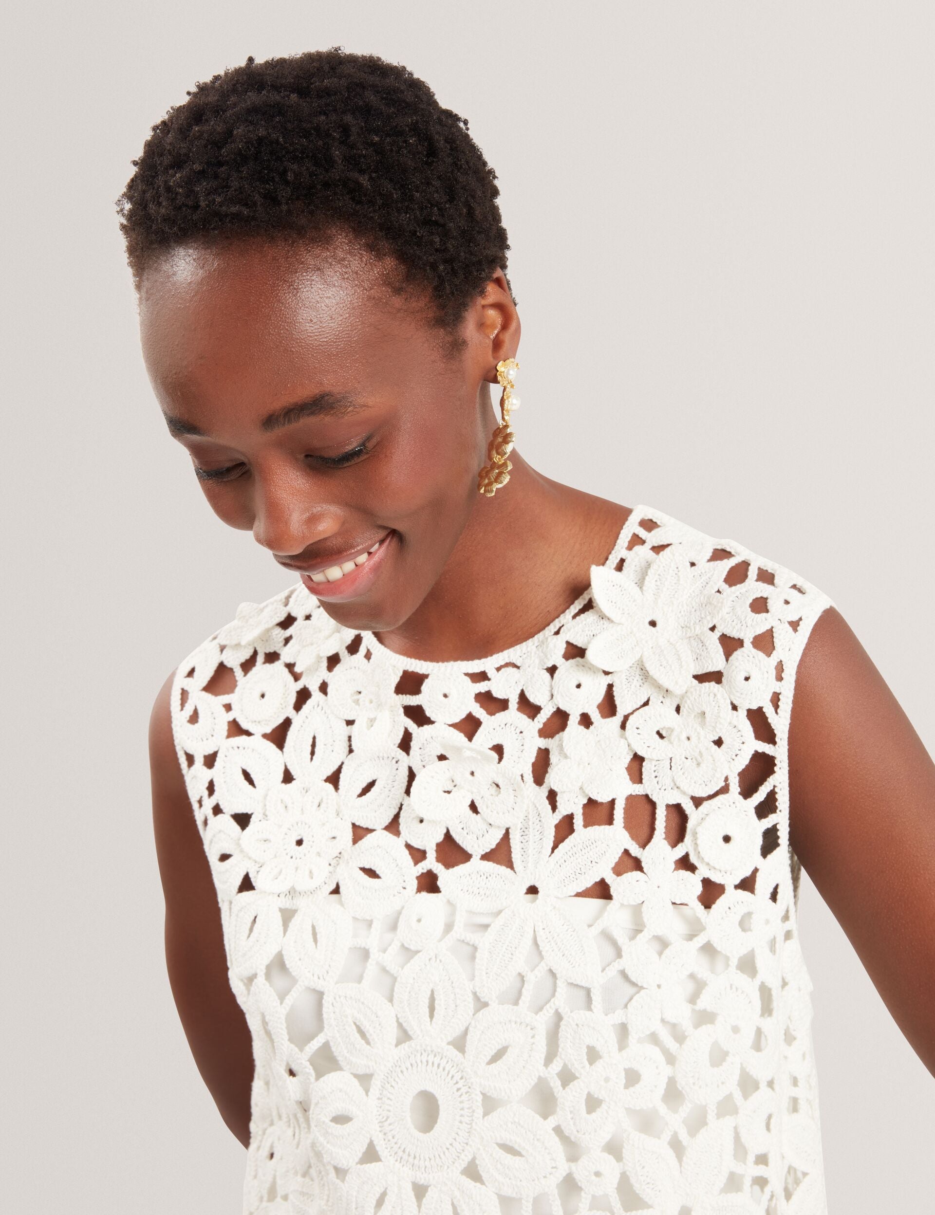 Ted Baker MIIKKA - Crochet Sleeveless Mini Shift Dress WHITE