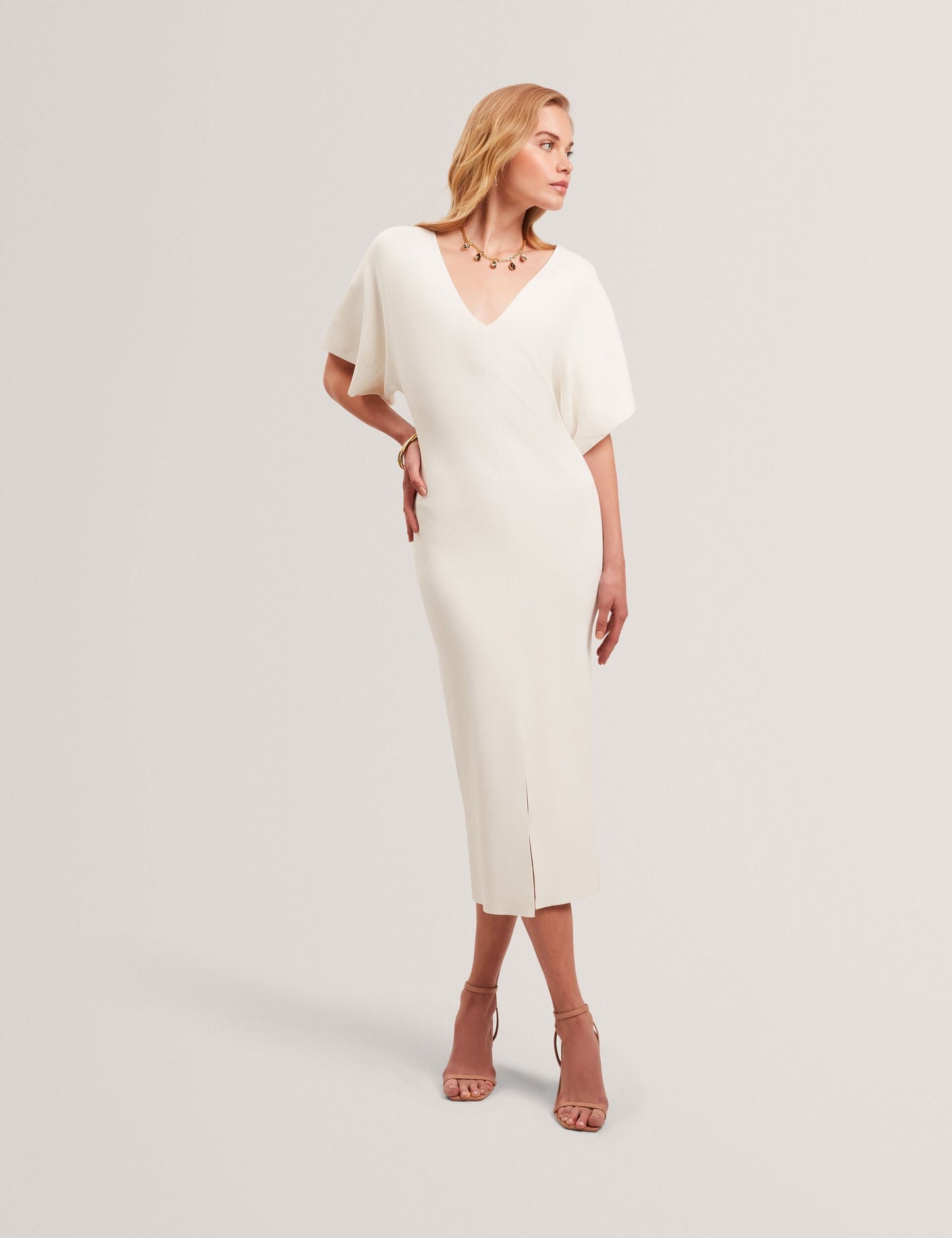 Ted Baker REBEXXA - Wide Sleeve Knitted Bodycon Midi Dress IVORY