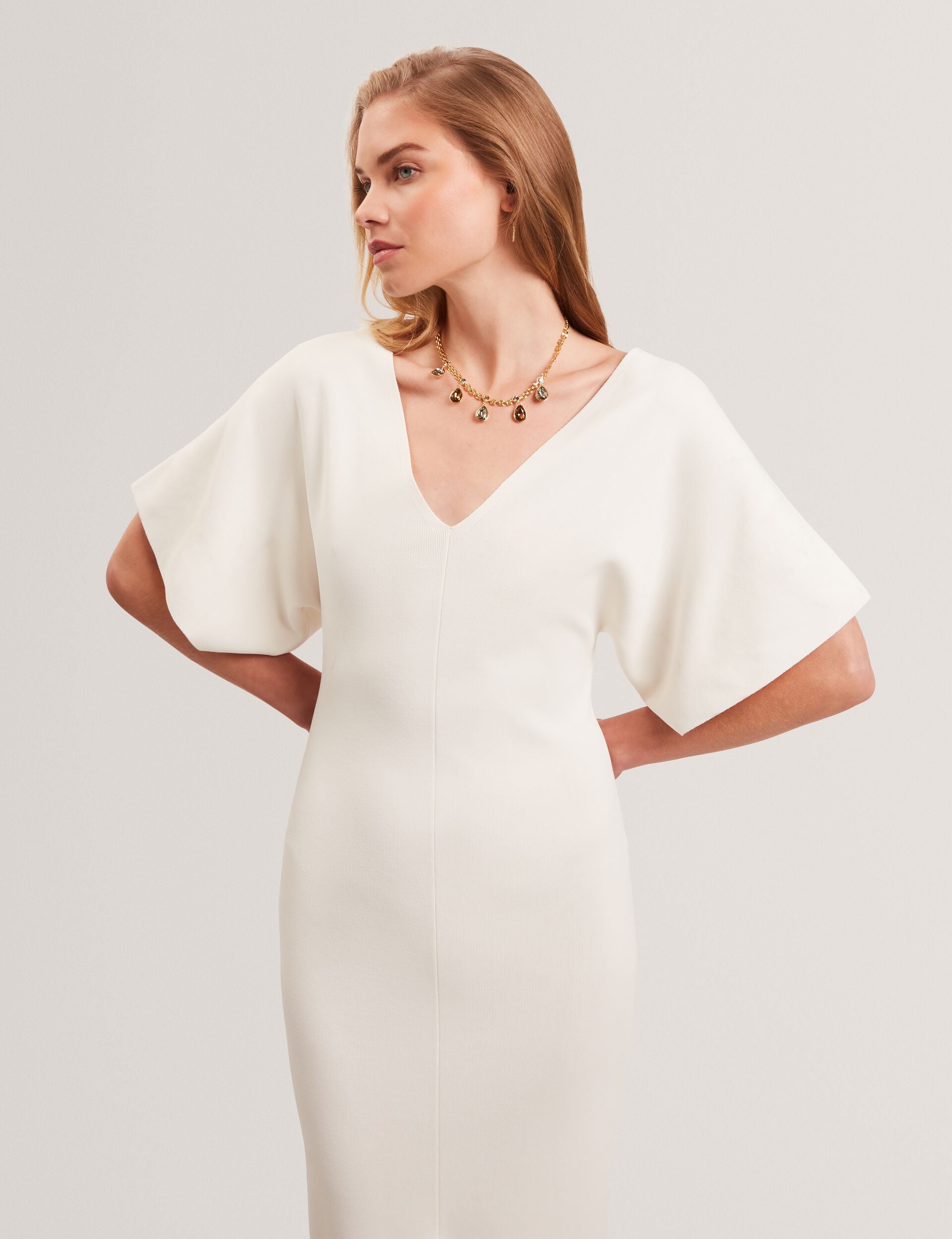 Ted Baker REBEXXA - Wide Sleeve Knitted Bodycon Midi Dress IVORY