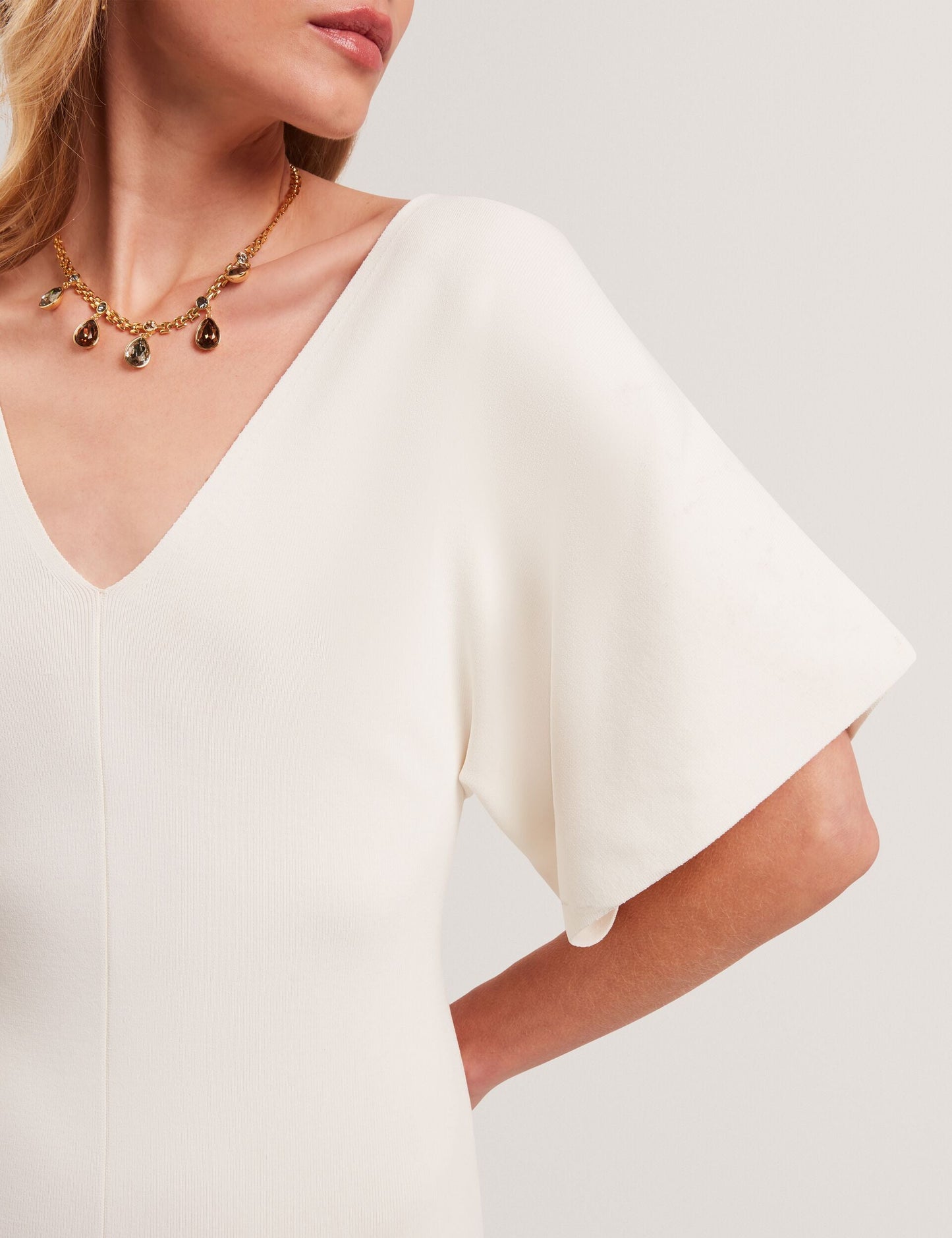 Ted Baker REBEXXA - Wide Sleeve Knitted Bodycon Midi Dress IVORY