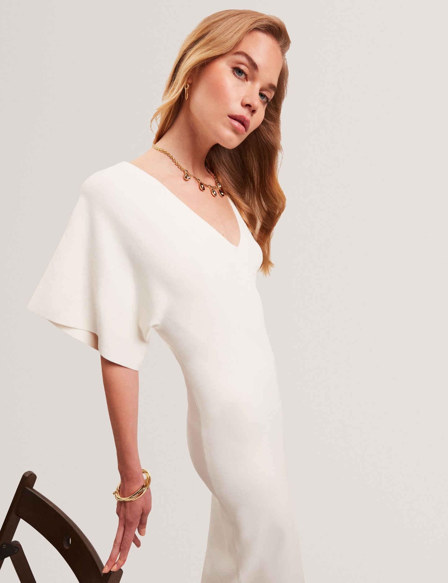 Ted Baker REBEXXA - Wide Sleeve Knitted Bodycon Midi Dress IVORY