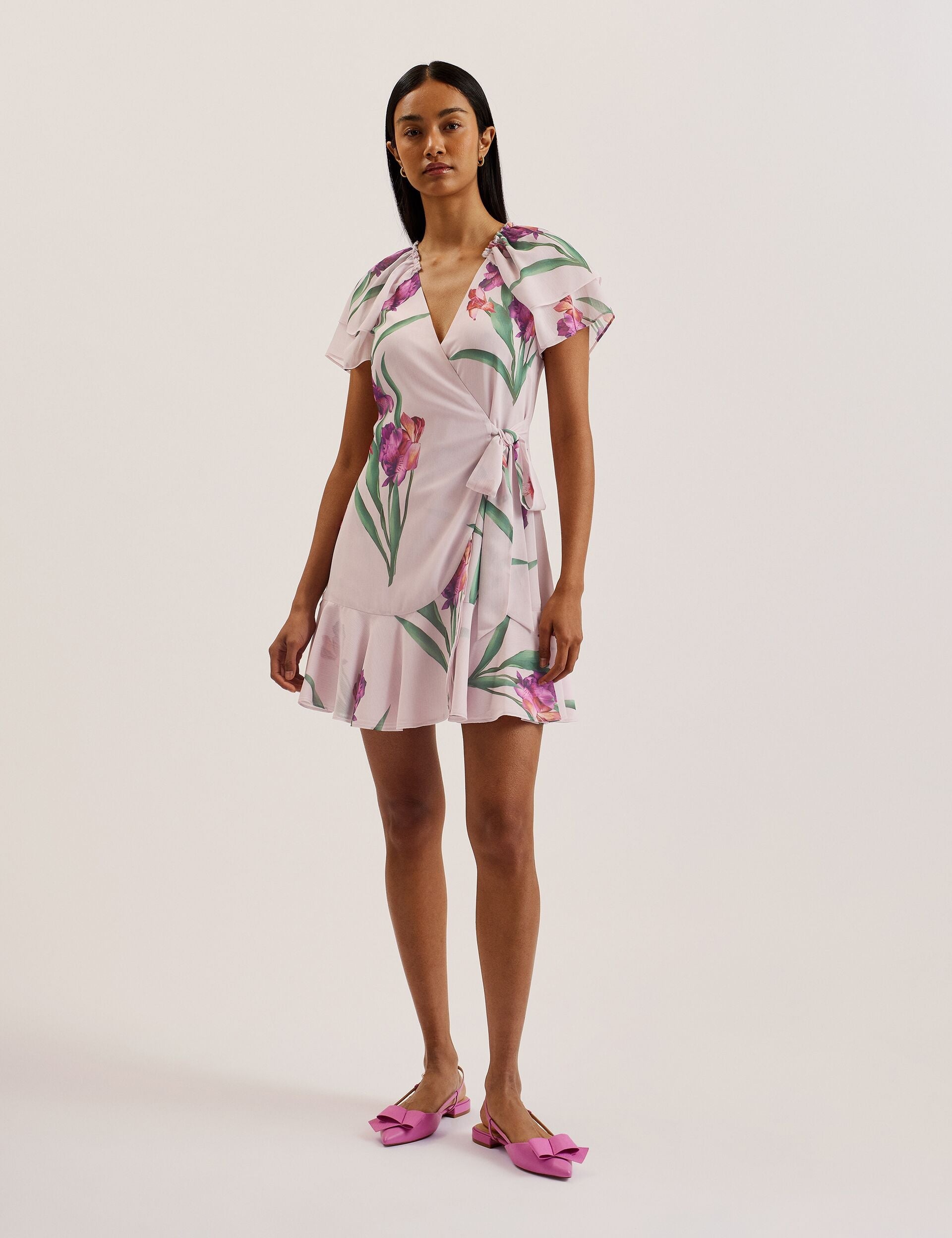 Ted Baker FASNIA - Floral Angel Sleeve Wrap Mini Dress LIGHT PINK