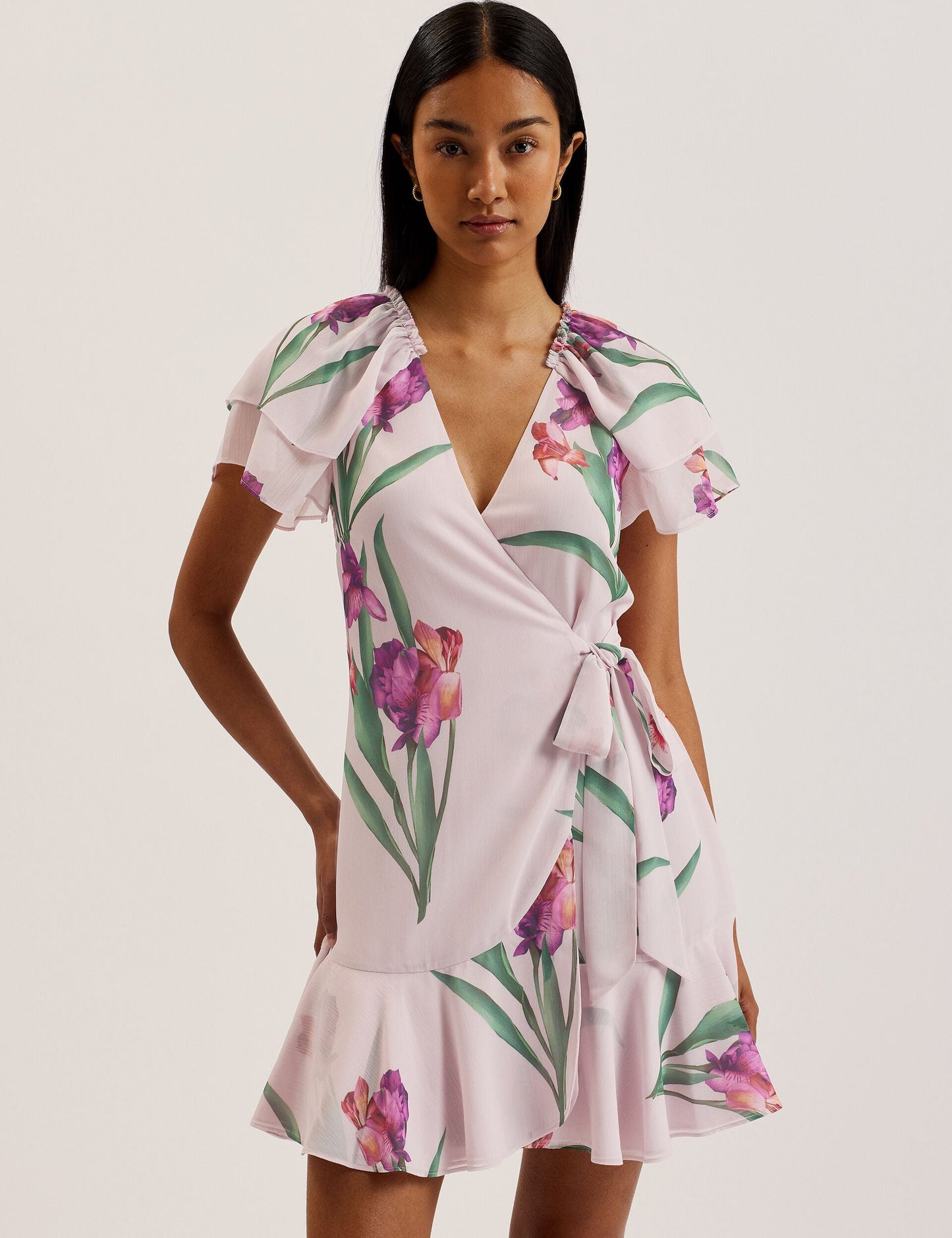 Ted Baker FASNIA - Floral Angel Sleeve Wrap Mini Dress LIGHT PINK