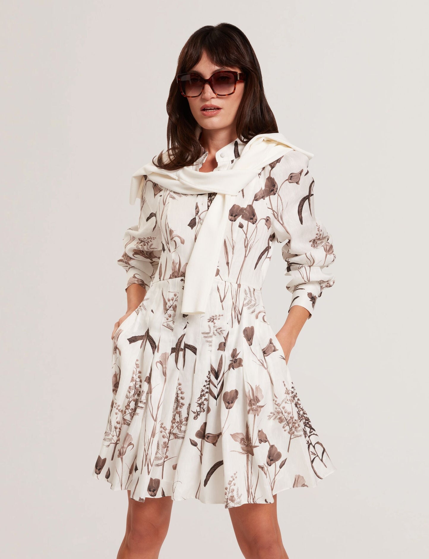 Ted Baker ELODIZA - Sepia Print Linen Silk Mini Shirt Dress IVORY