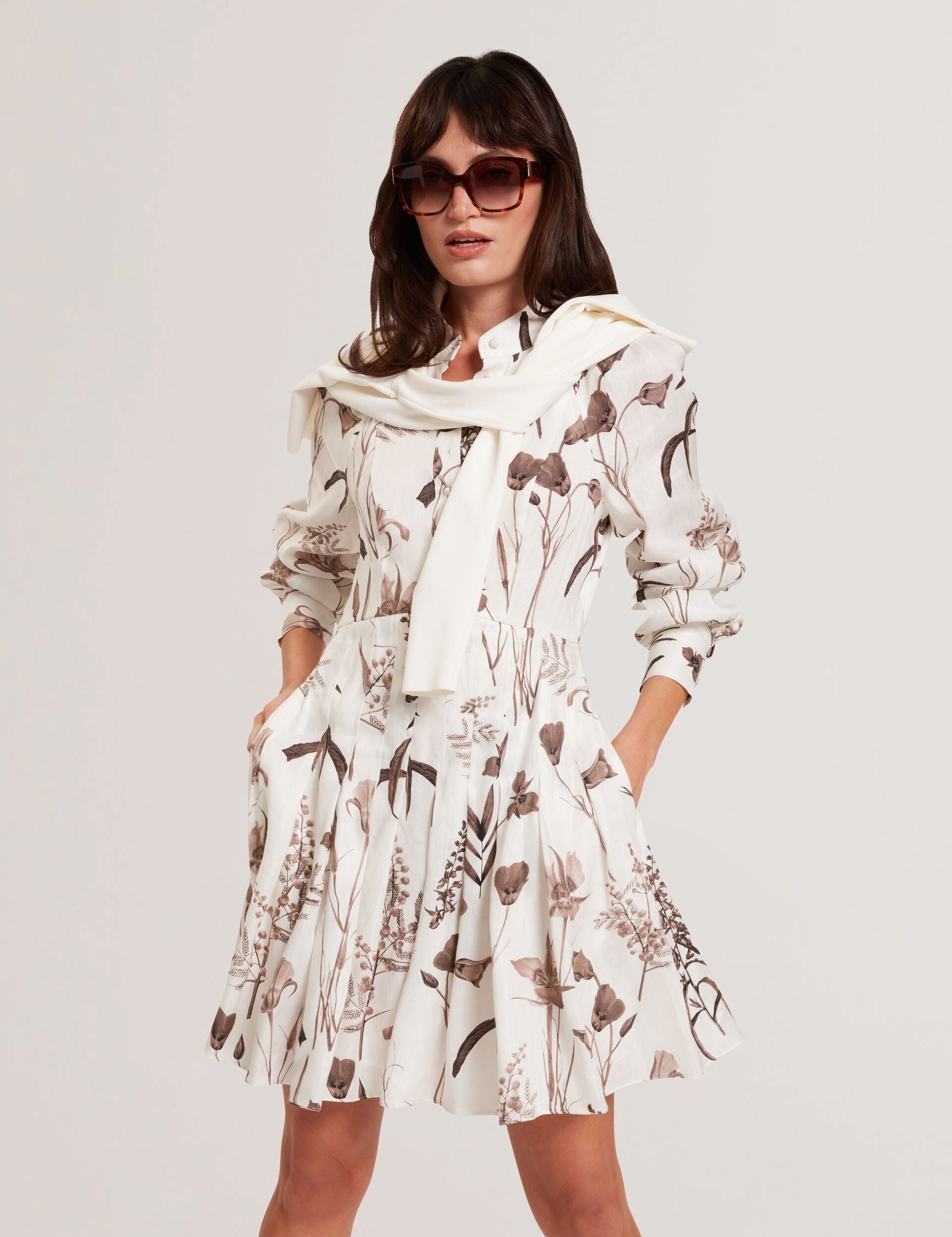 Ted Baker ELODIZA - Sepia Print Linen Silk Mini Shirt Dress IVORY