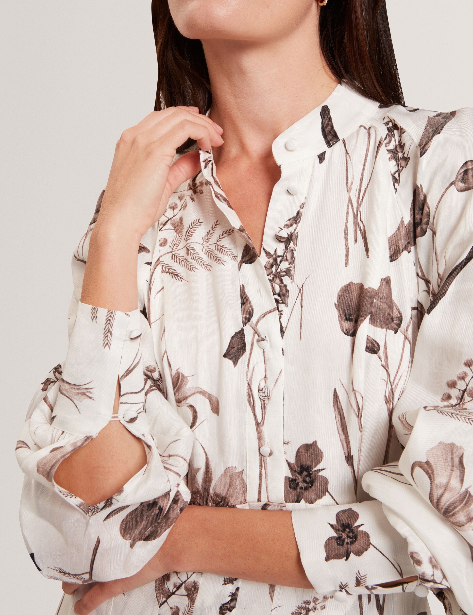 Ted Baker ELODIZA - Sepia Print Linen Silk Mini Shirt Dress IVORY