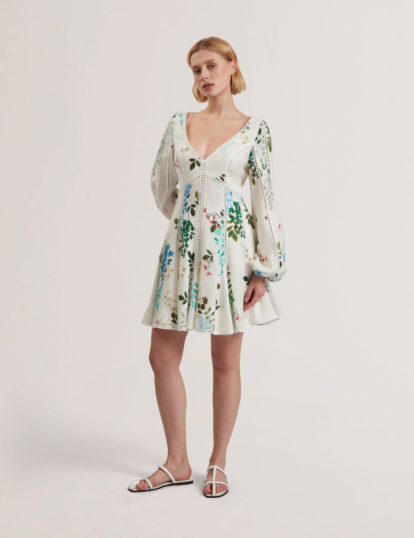 Ted Baker BELVIDA - Floral Crochet Trim Linen Mini Dress WHITE