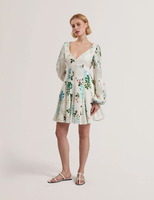 Ted Baker BELVIDA - Floral Crochet Trim Linen Mini Dress WHITE