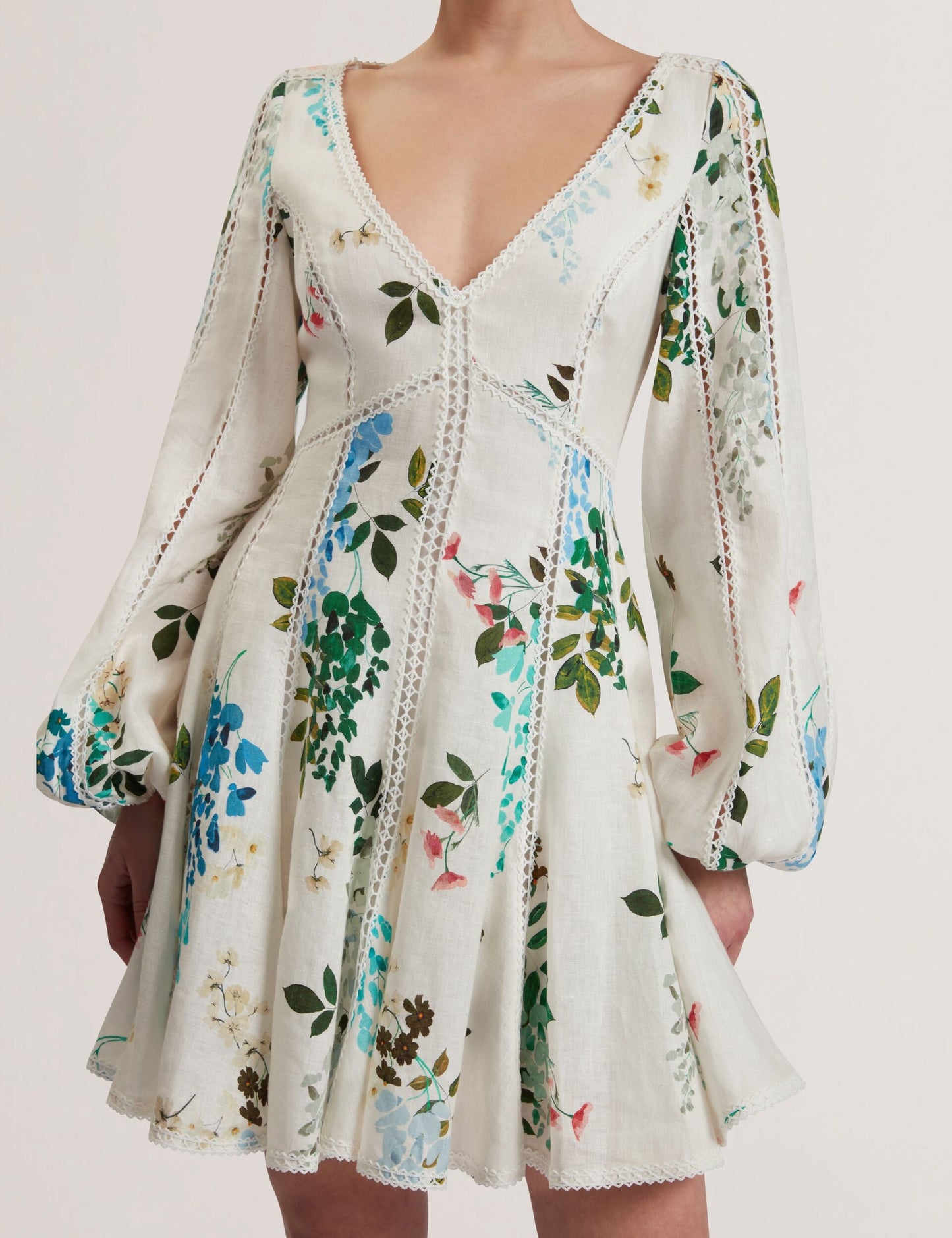 Ted Baker BELVIDA - Floral Crochet Trim Linen Mini Dress WHITE
