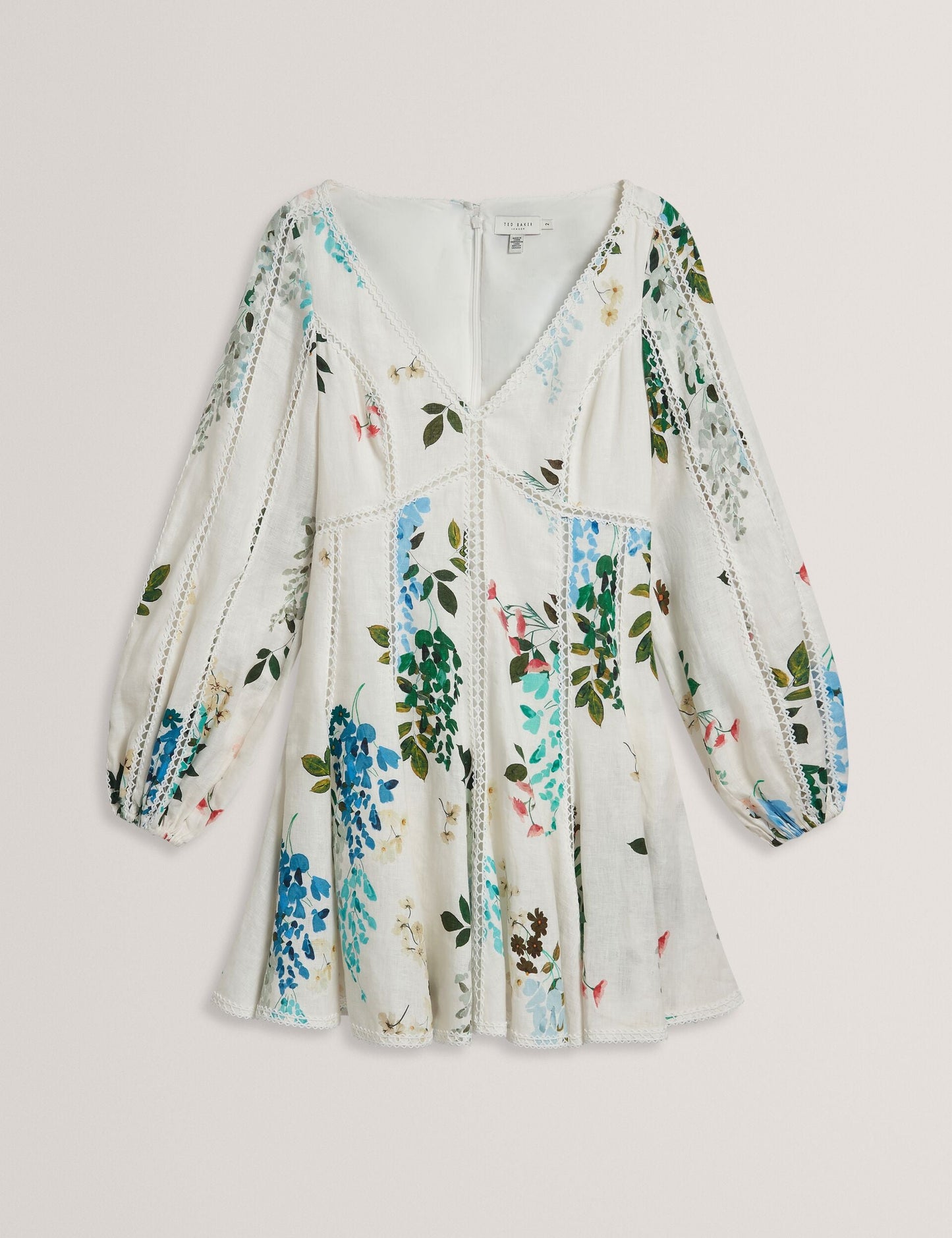 Ted Baker BELVIDA - Floral Crochet Trim Linen Mini Dress WHITE
