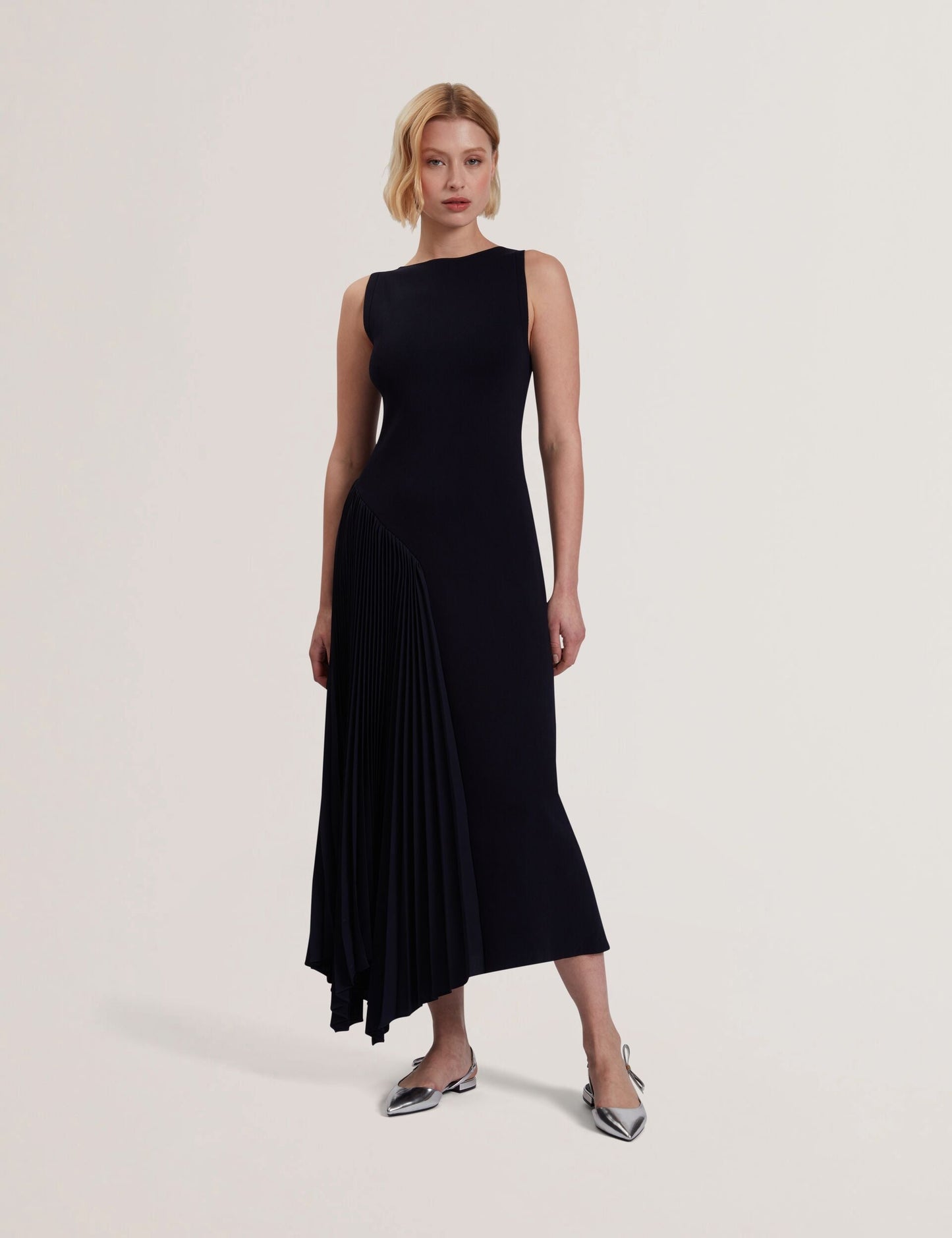 Ted Baker AZZINA - Pleated Panel Sleeveless Knitted Midi Dress NAVY