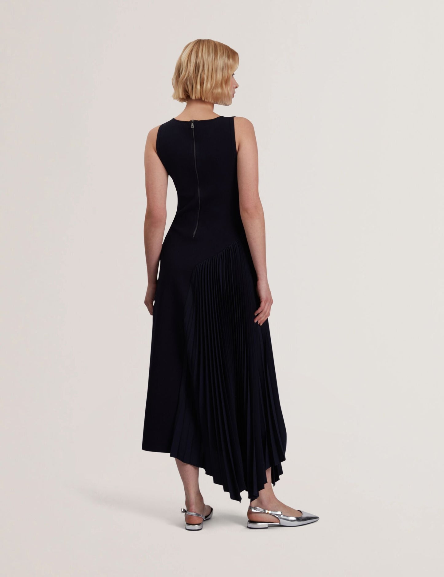Ted Baker AZZINA - Pleated Panel Sleeveless Knitted Midi Dress NAVY