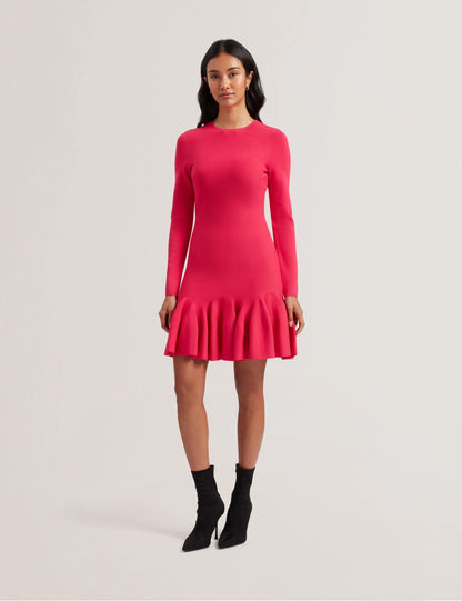 Ted Baker LOISSS - Flounce Hem Long Sleeve Knitted Mini Dress FUCHSIA