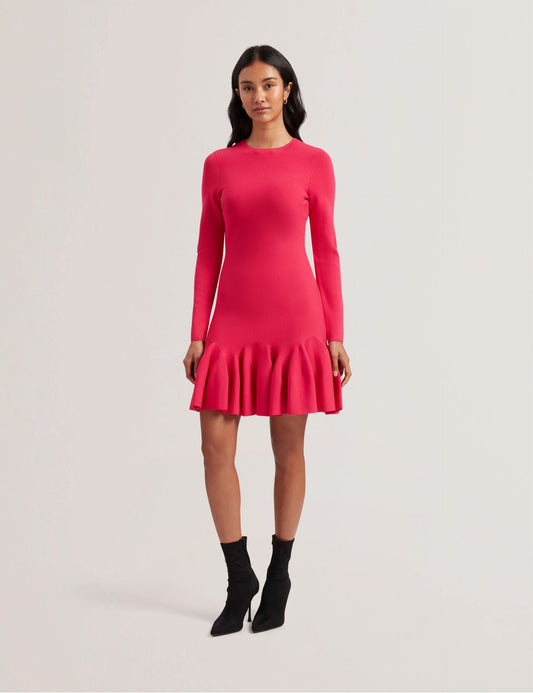 Ted Baker LOISSS - Flounce Hem Long Sleeve Knitted Mini Dress FUCHSIA