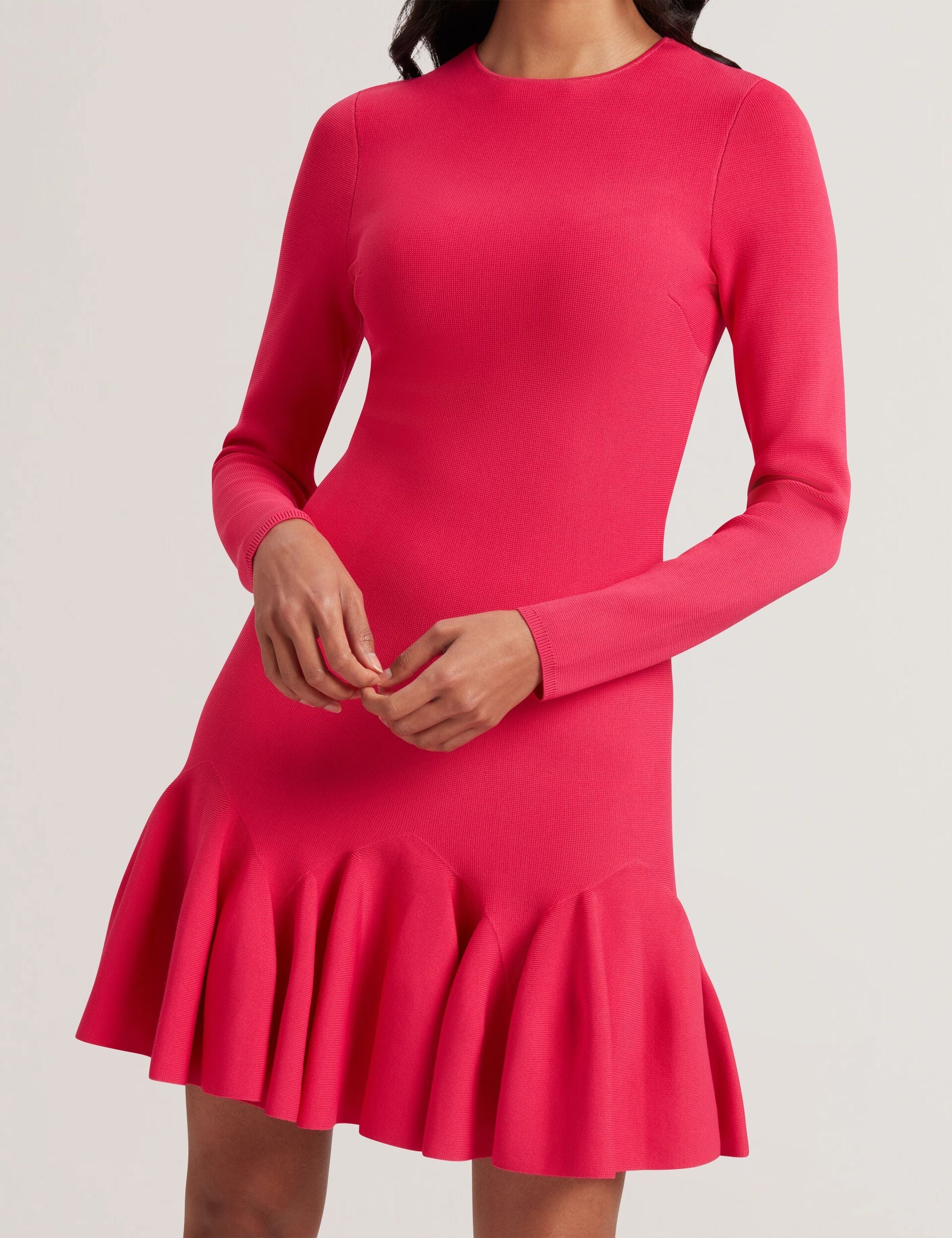Ted Baker LOISSS - Flounce Hem Long Sleeve Knitted Mini Dress FUCHSIA