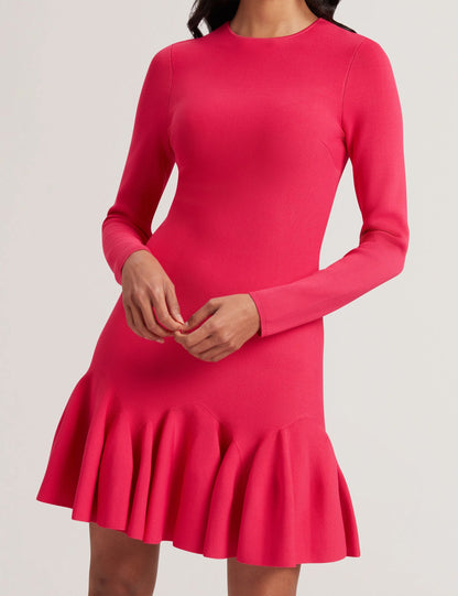 Ted Baker LOISSS - Flounce Hem Long Sleeve Knitted Mini Dress FUCHSIA